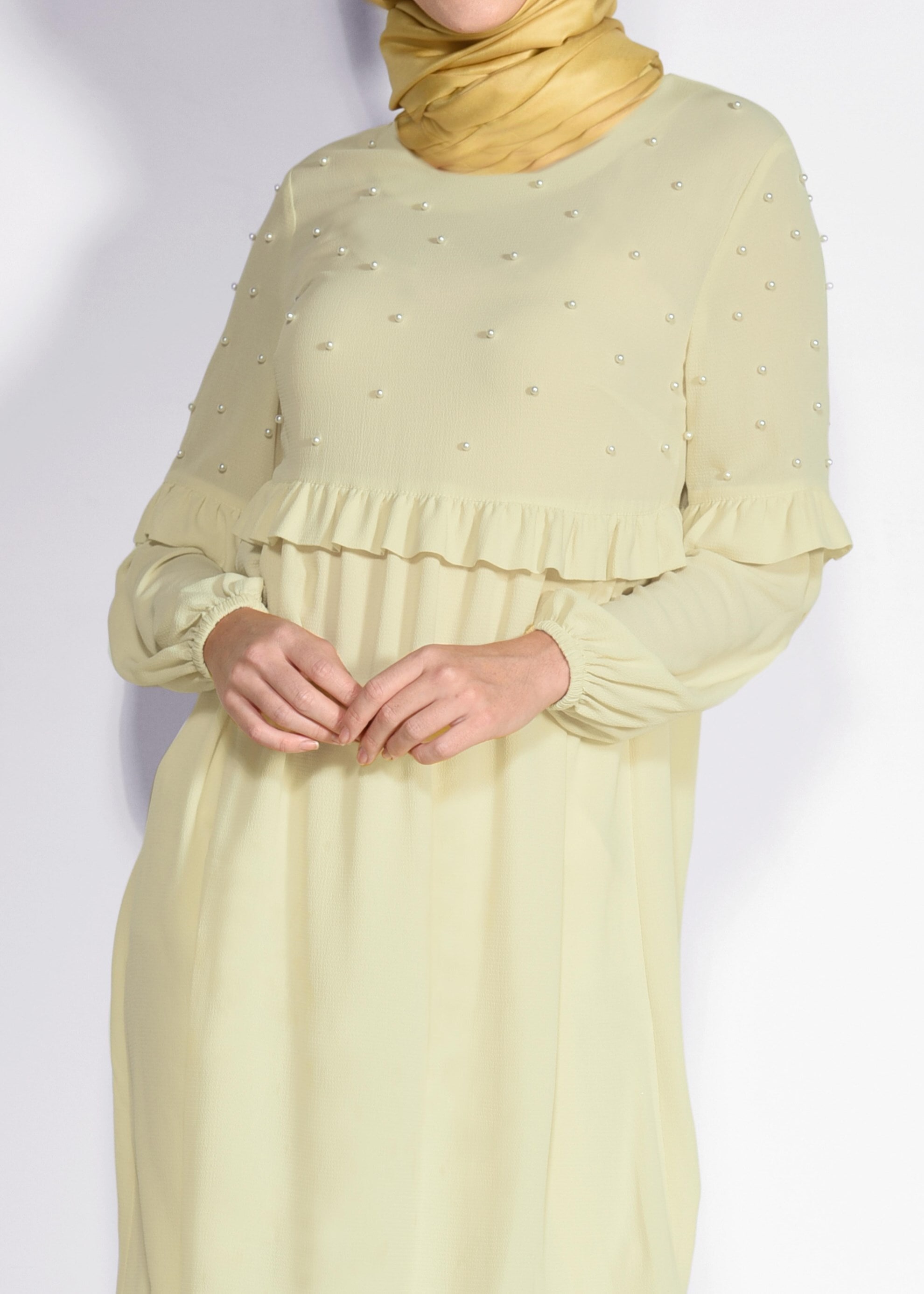 Tesettür giyim SARI İNCİ İŞLEMELİ FIRFIRLI TUNİK 4272