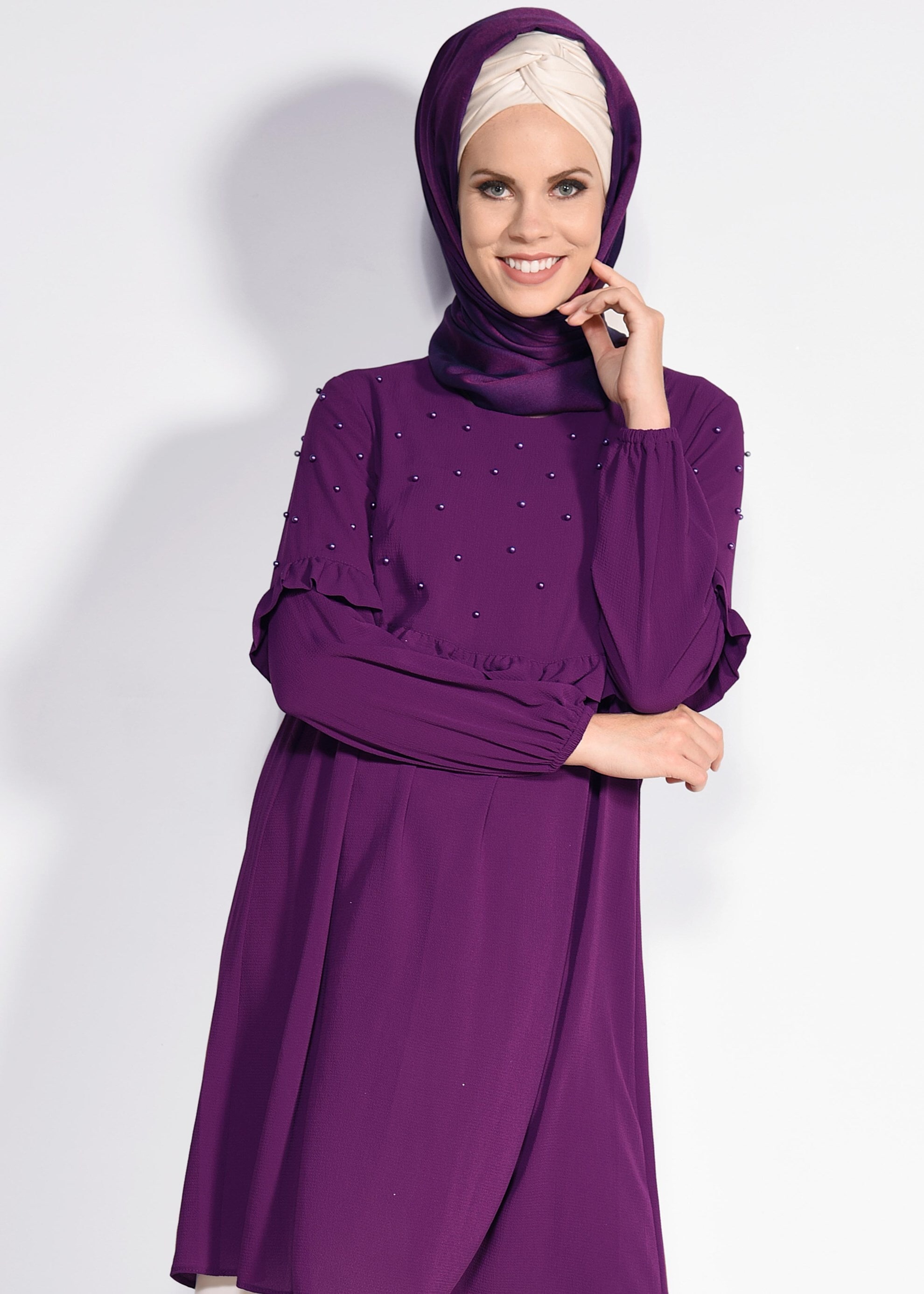 Tesettür giyim FUŞYA İNCİ İŞLEMELİ FIRFIRLI TUNİK 4272