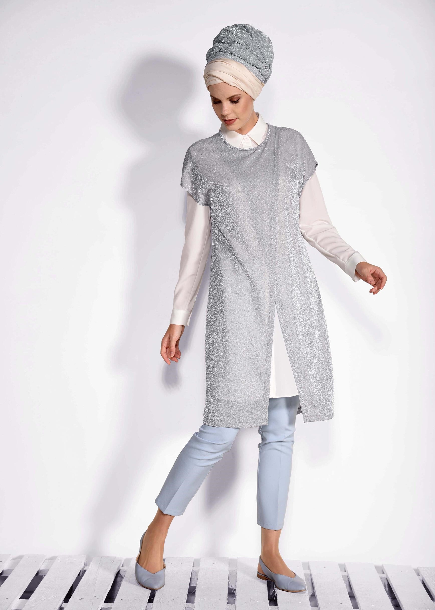 Tesettür giyim GRİ SİMLİ 2&prime;Lİ TUNİK 4276