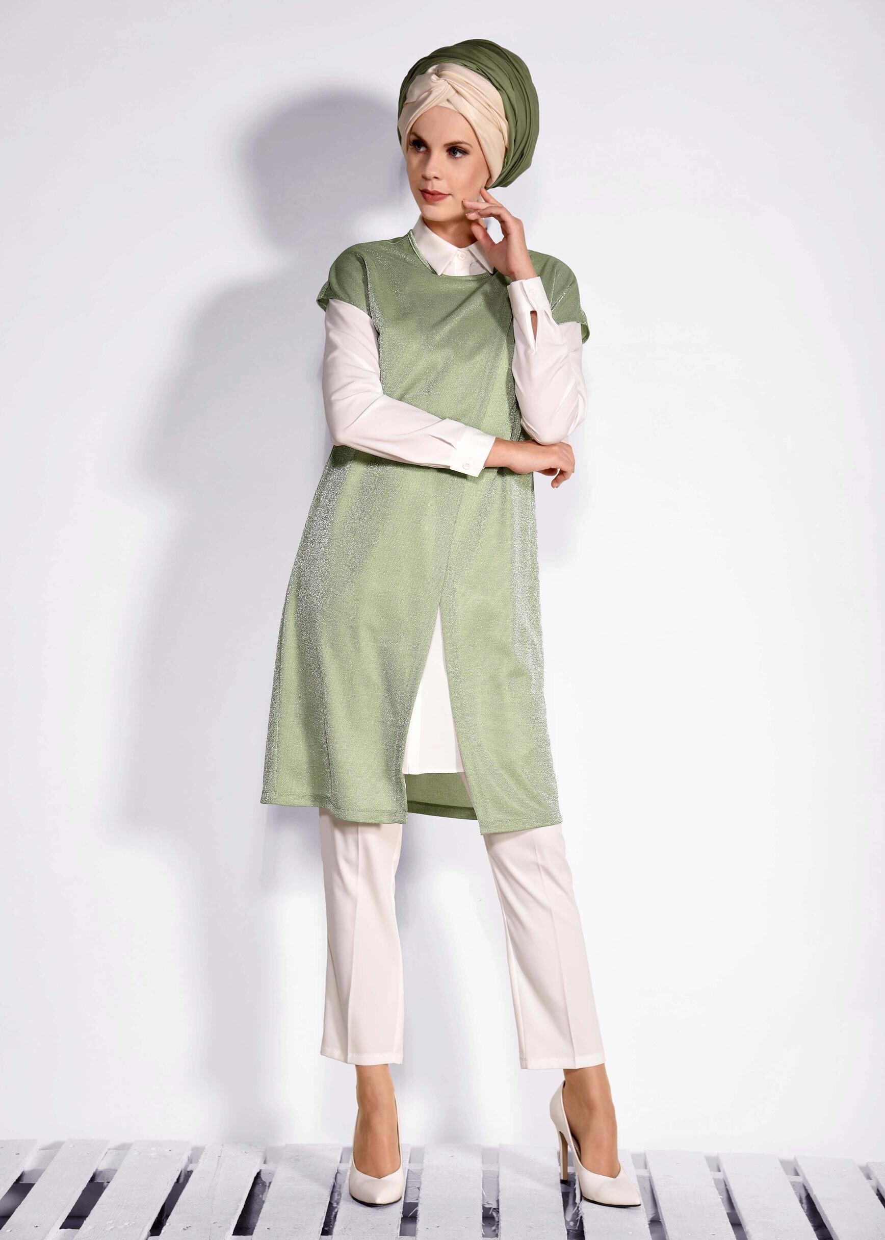 Tesettür giyim YEŞİL SİMLİ 2&prime;Lİ TUNİK 4276