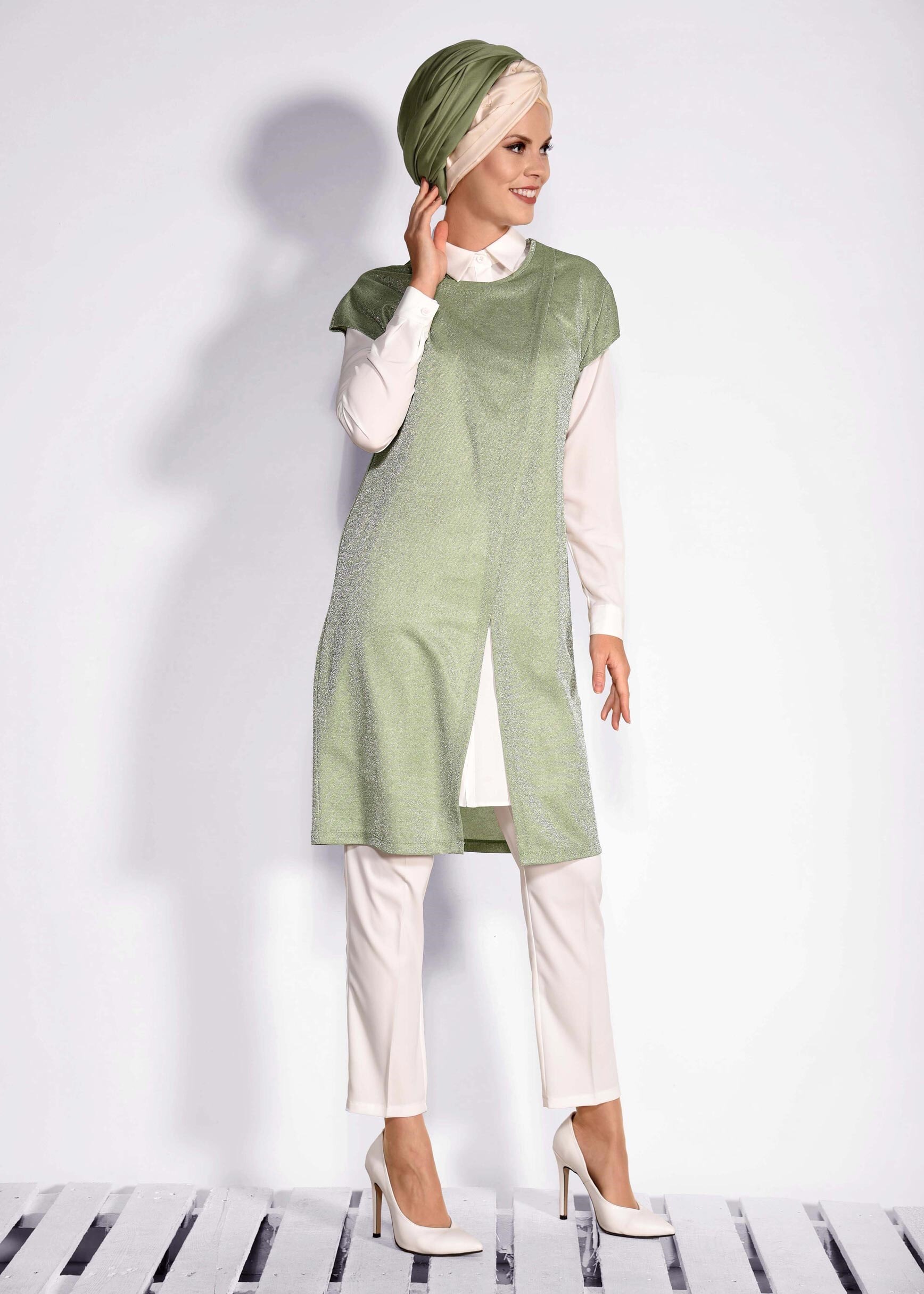 Tesettür giyim YEŞİL SİMLİ 2&prime;Lİ TUNİK 4276