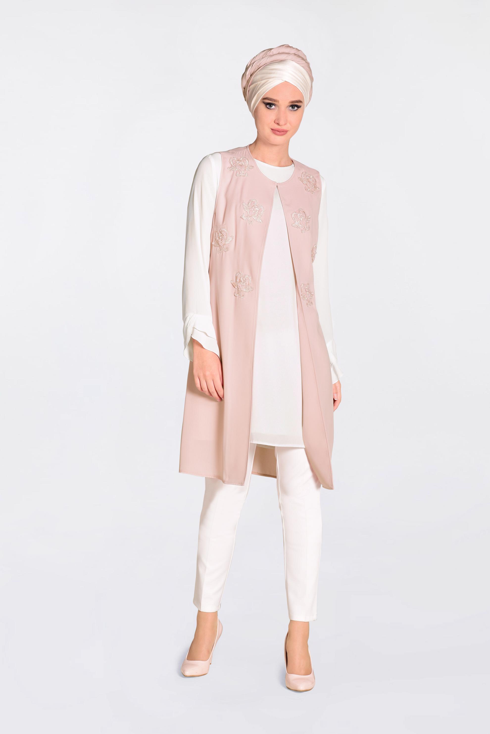 Tesettür giyim PUDRA BONCUK GÜPÜR İŞLEMELİ 2&prime;Lİ TUNİK 4278