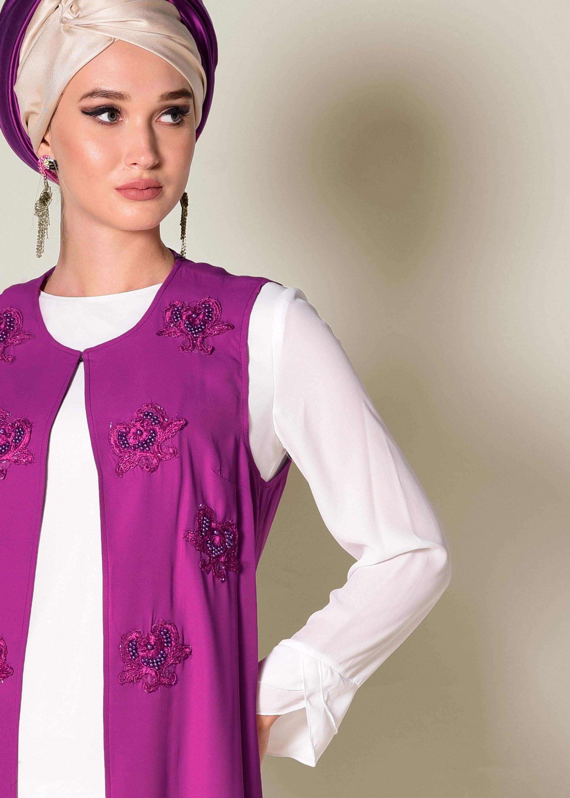 Tesettür giyim MOR BONCUK GÜPÜR İŞLEMELİ 2&prime;Lİ TUNİK 4278