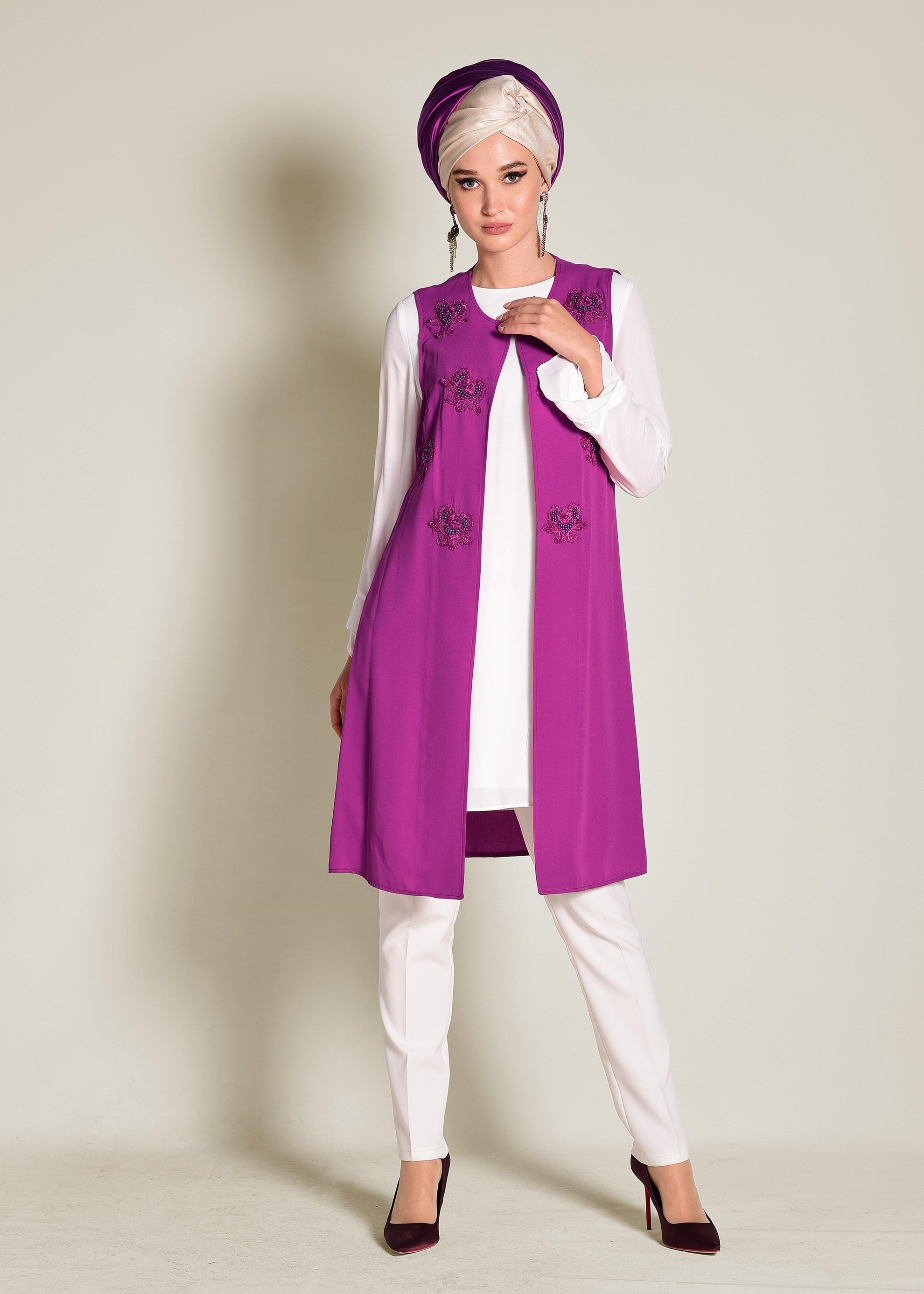 Tesettür giyim MOR BONCUK GÜPÜR İŞLEMELİ 2&prime;Lİ TUNİK 4278