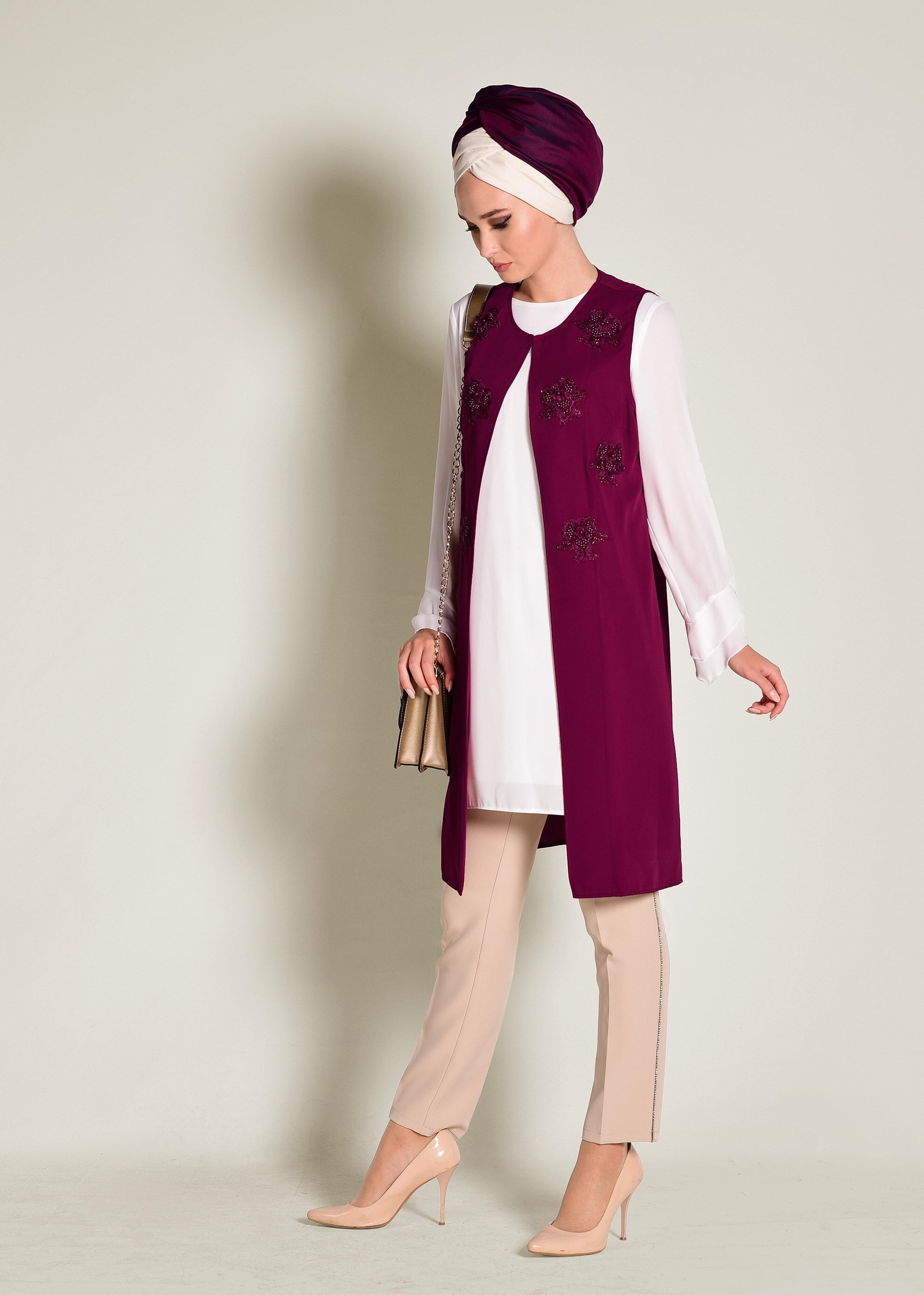 Tesettür giyim MOR BONCUK GÜPÜR İŞLEMELİ 2&prime;Lİ TUNİK 4278