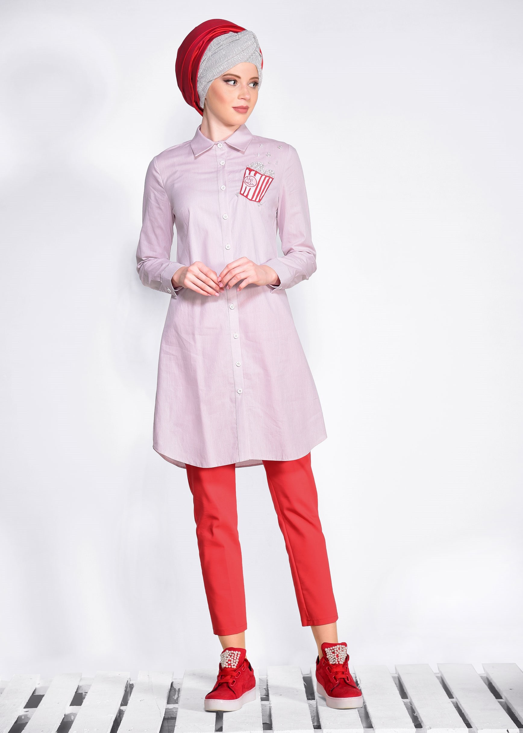 Tesettür giyim PUDRA ARMA DETAYLI TUNİK 4314