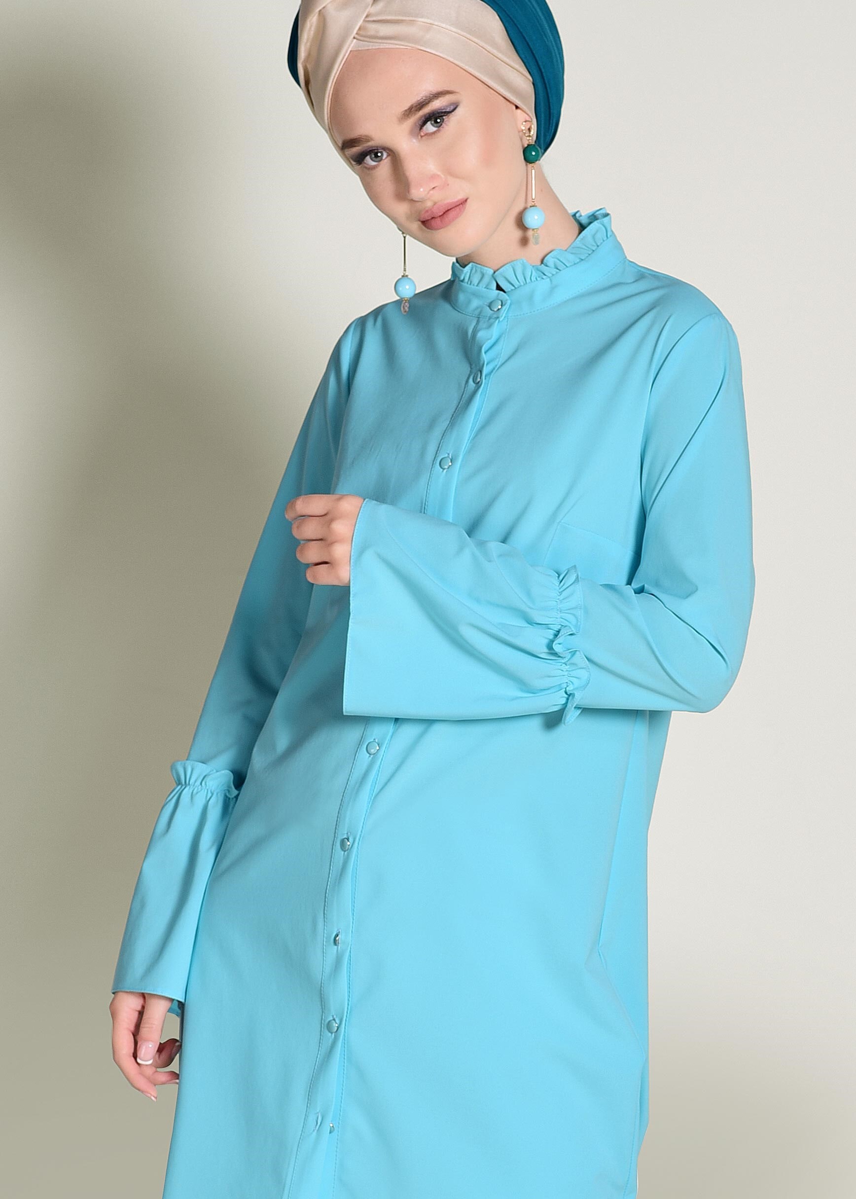 Tesettür giyim MAVİ GENİŞ KOLLU FIRFIR DETAYLI TUNİK 4316