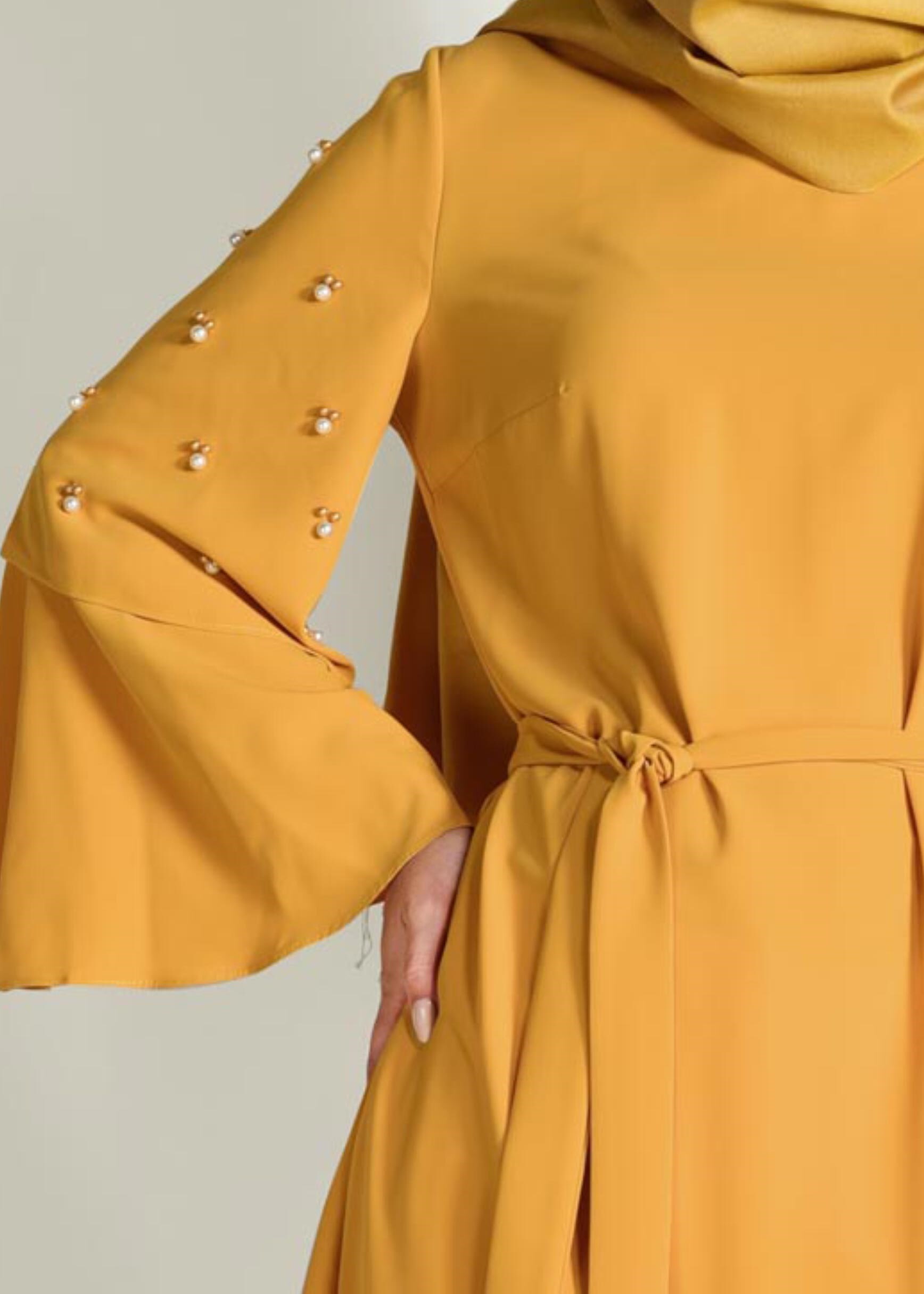 Tesettür giyim SARI GENİŞ KOLLU BONCUK DETAYLI TUNİK 4322