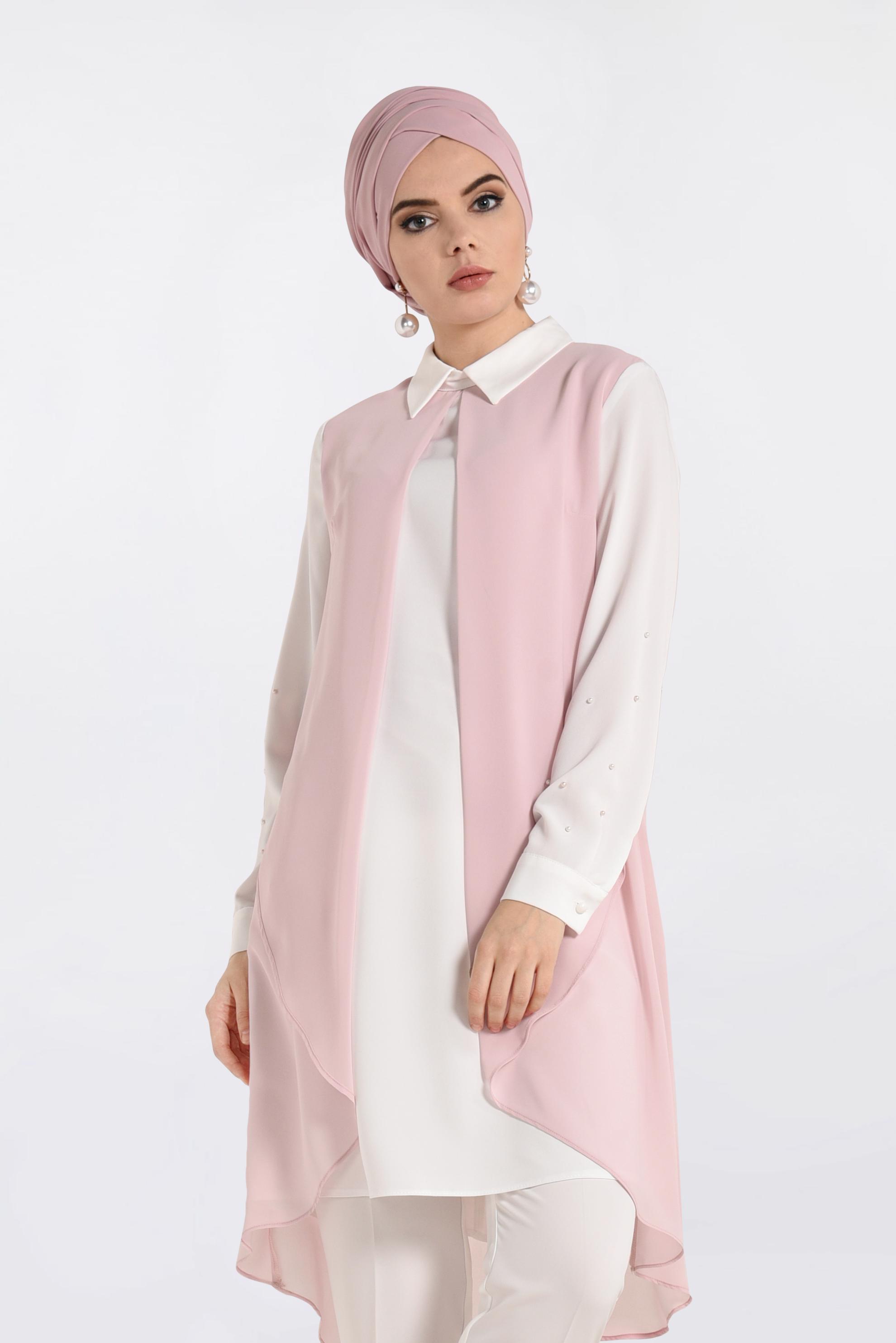 Tesettür giyim PUDRA ERKEK YAKA ŞİFON TUNİK 4333