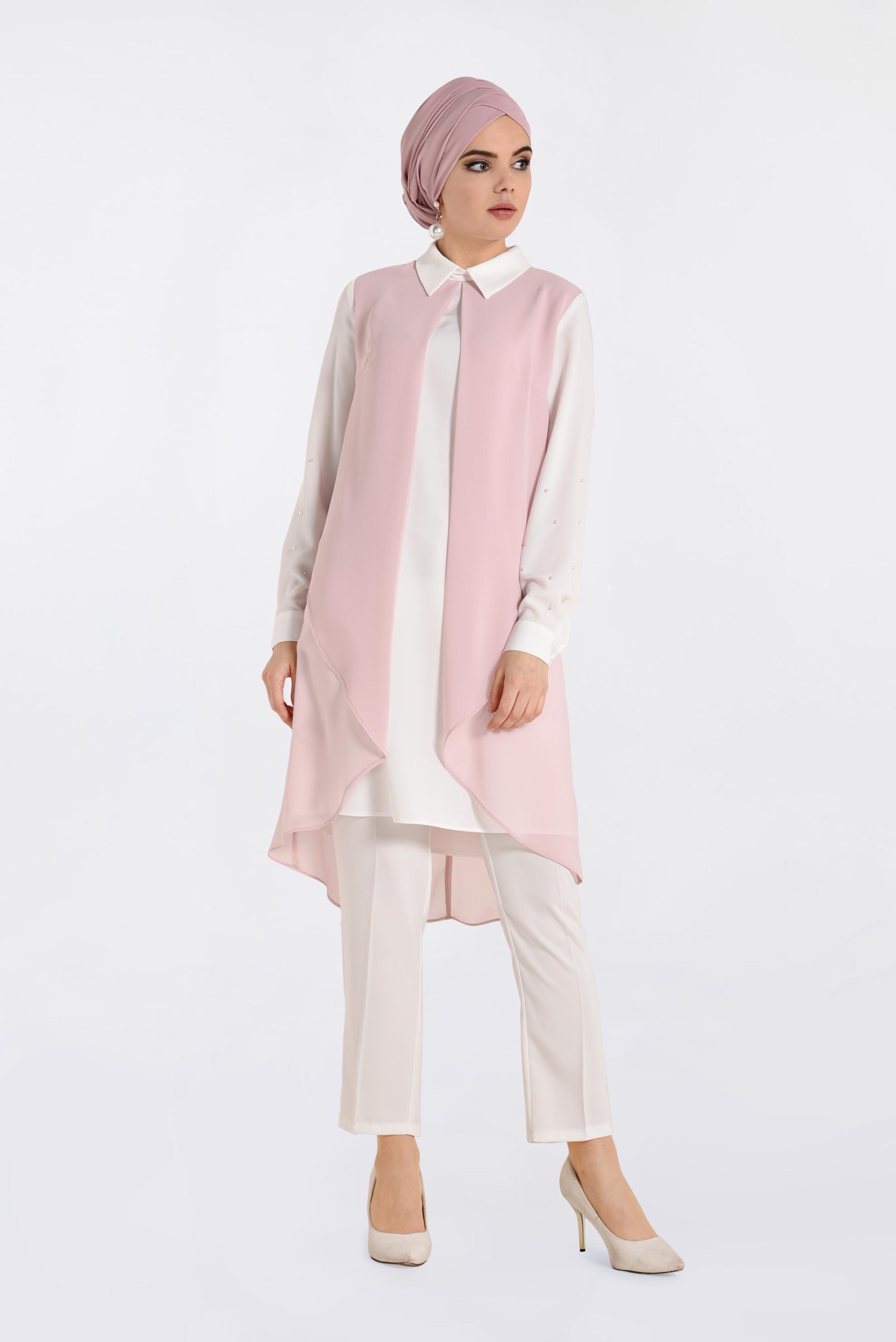 Tesettür giyim PUDRA ERKEK YAKA ŞİFON TUNİK 4333