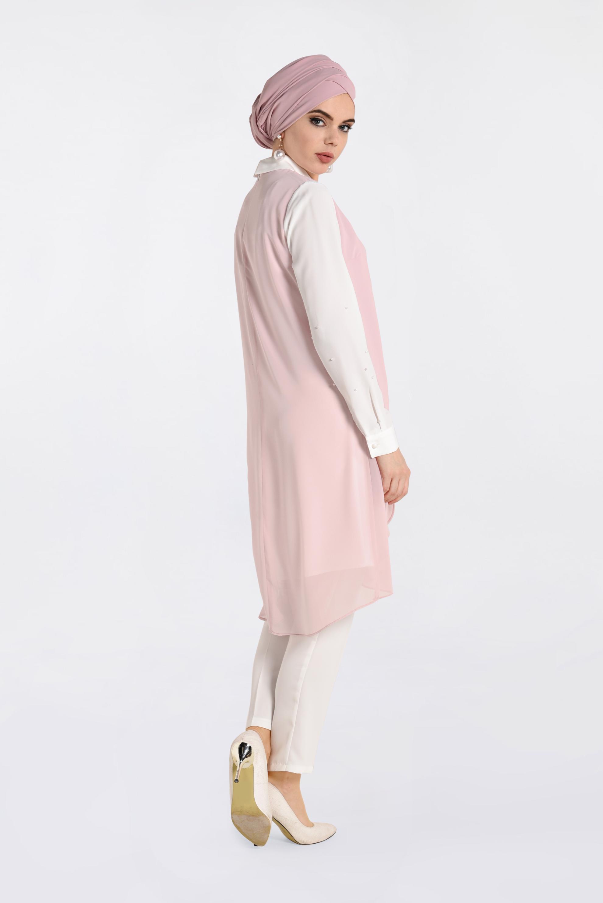 Tesettür giyim PUDRA ERKEK YAKA ŞİFON TUNİK 4333