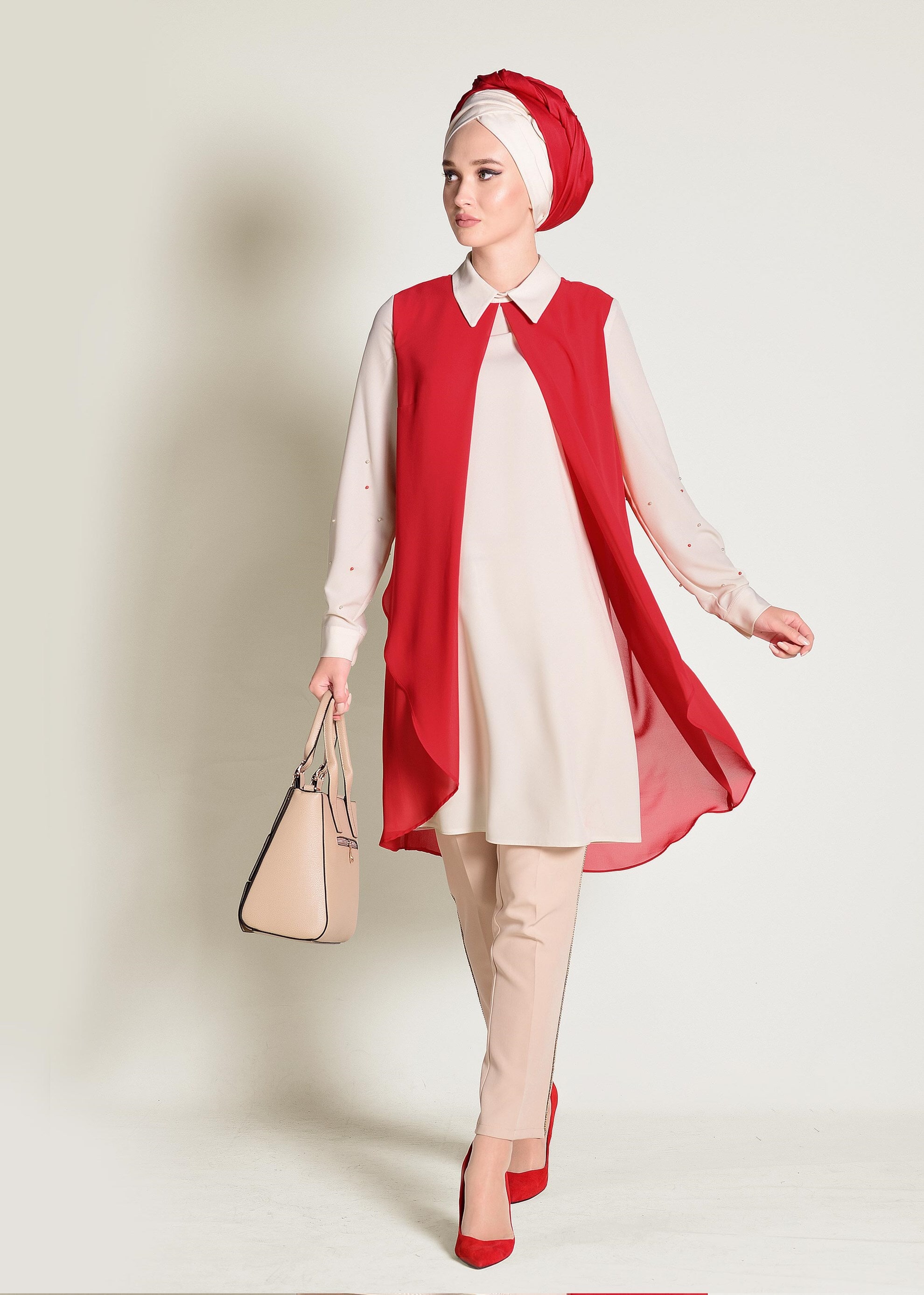 Tesettür giyim BORDO ERKEK YAKA ŞİFON TUNİK 4333