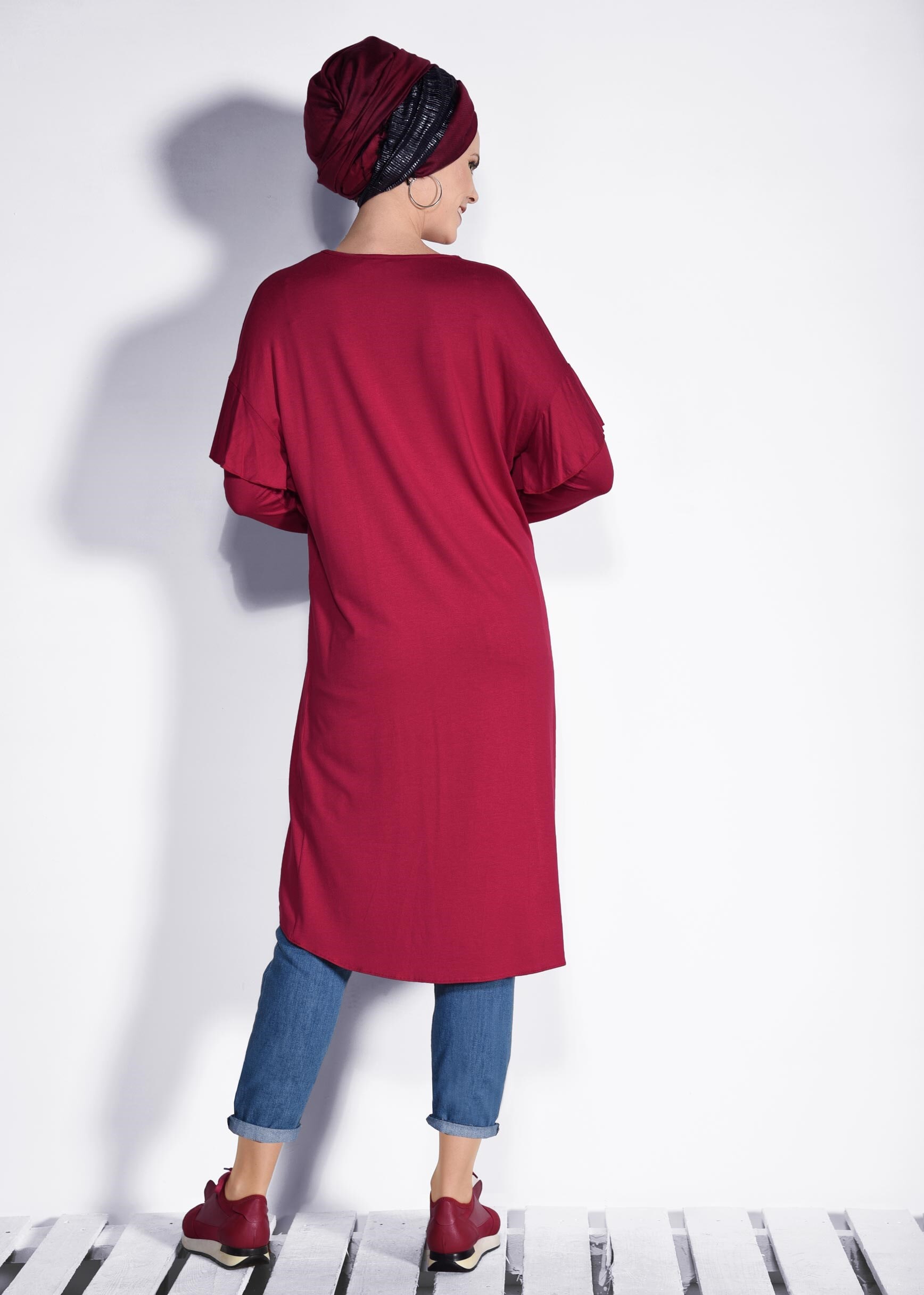 Tesettür giyim KIRMIZI İNCİ VE BONCUK İŞLEMELİ TUNİK 4345 