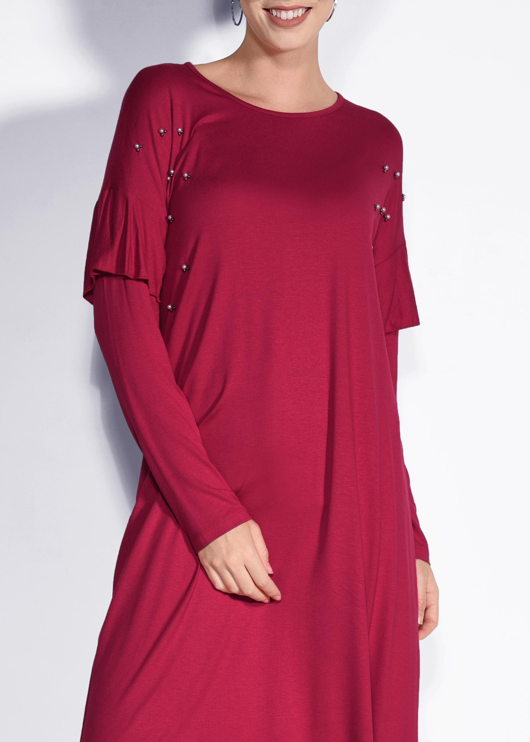 Tesettür giyim KIRMIZI İNCİ VE BONCUK İŞLEMELİ TUNİK 4345 