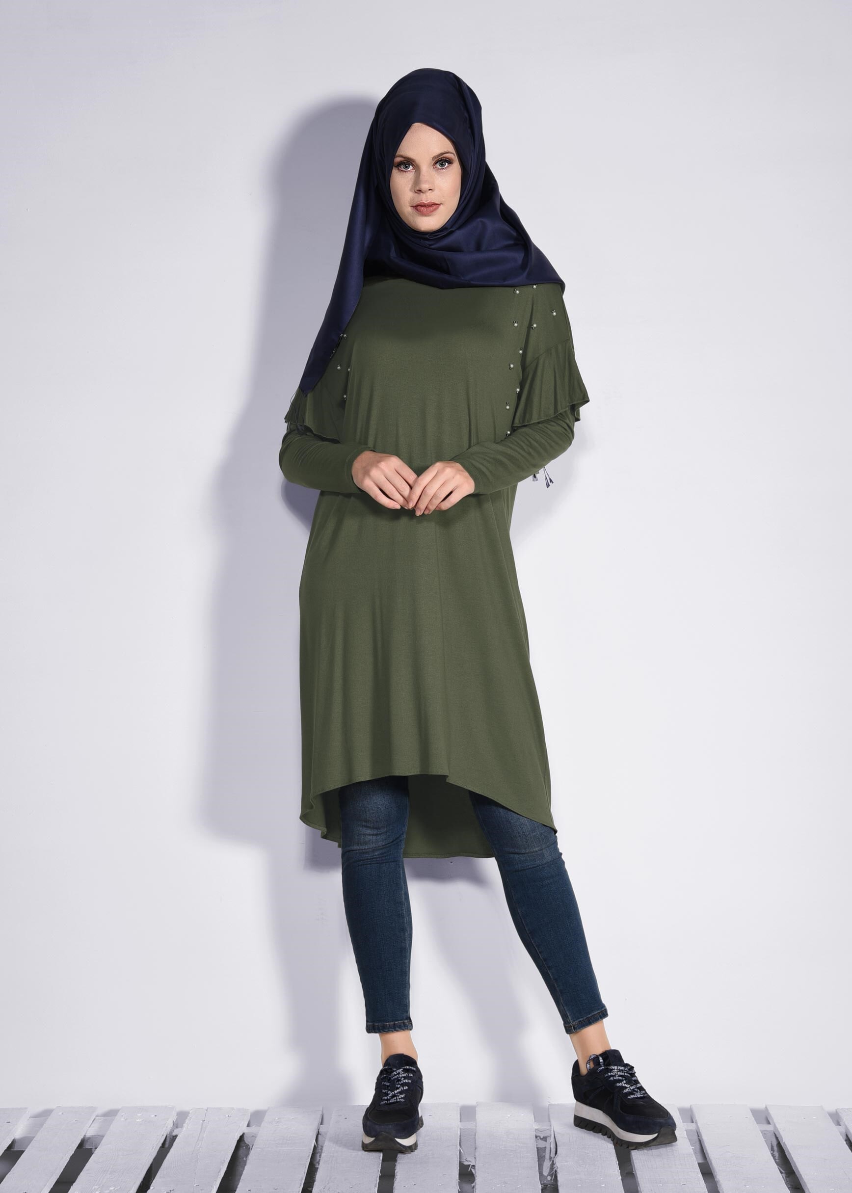 Tesettür giyim HAKİ İNCİ VE BONCUK İŞLEMELİ TUNİK 4345 