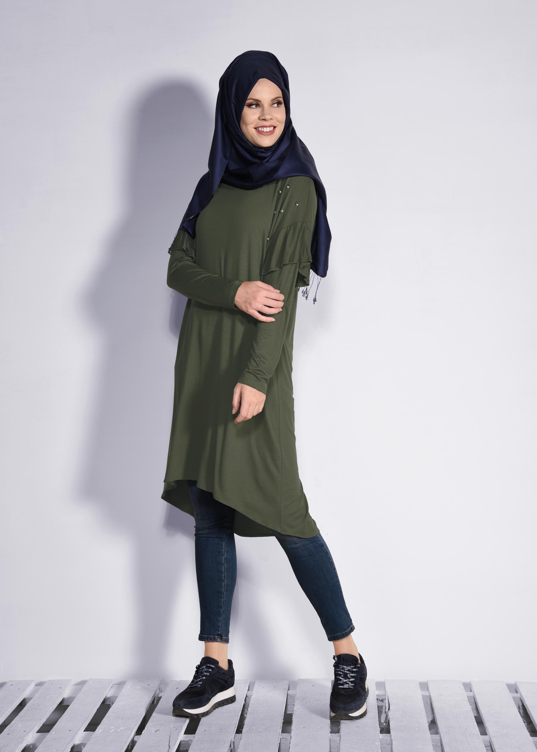 Tesettür giyim HAKİ İNCİ VE BONCUK İŞLEMELİ TUNİK 4345 