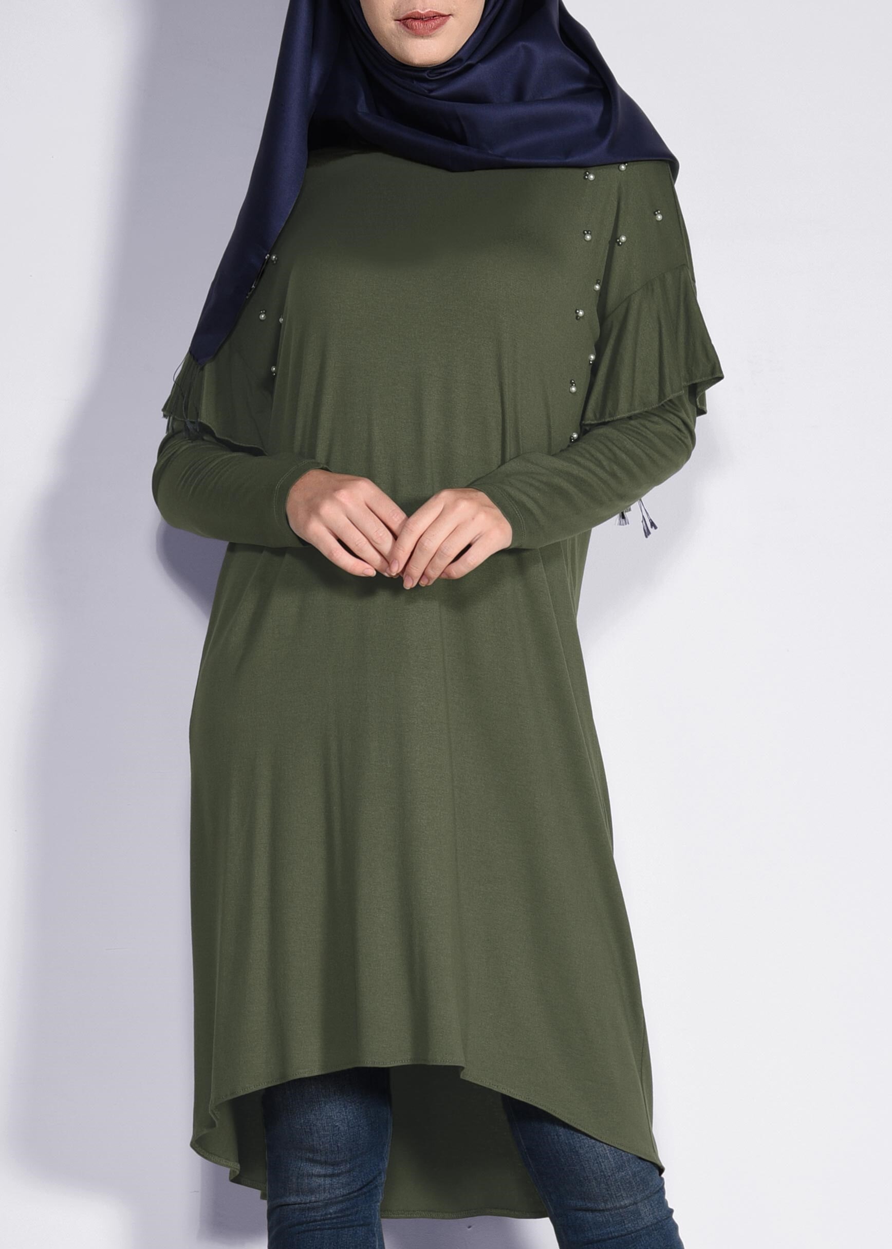 Tesettür giyim HAKİ İNCİ VE BONCUK İŞLEMELİ TUNİK 4345 