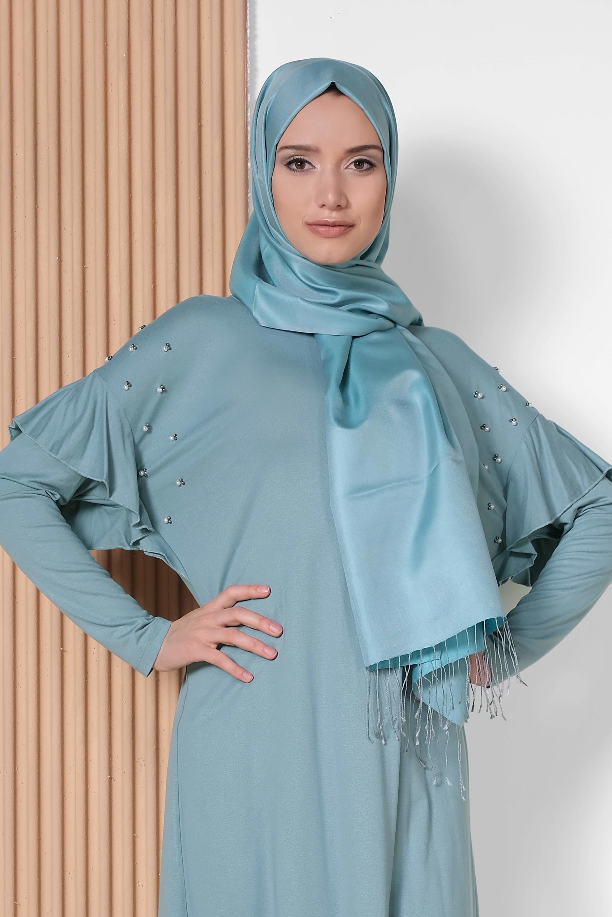 Hijab clothing BLUE Pearl and Bead Embroidered Tunic 4345 