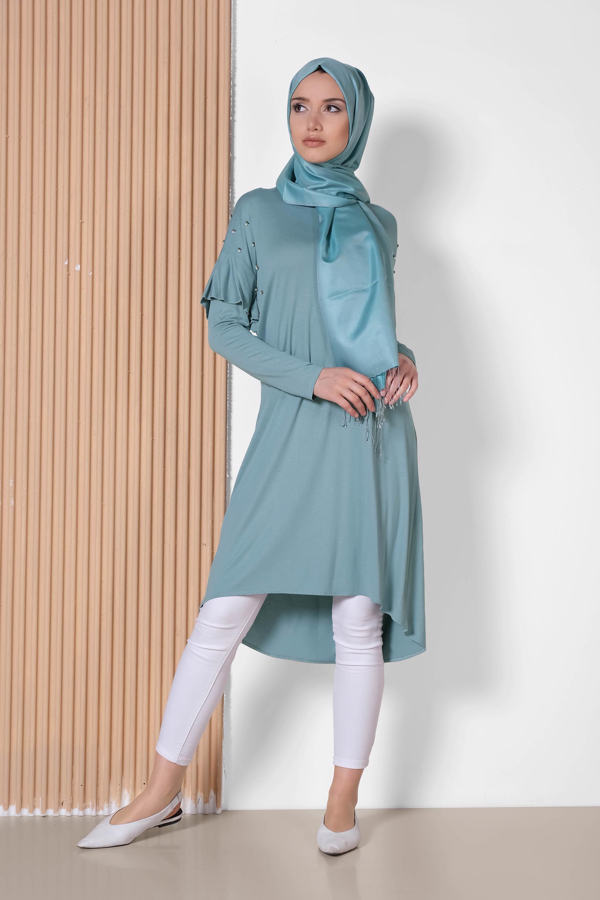 Hijab clothing BLUE Pearl and Bead Embroidered Tunic 4345 