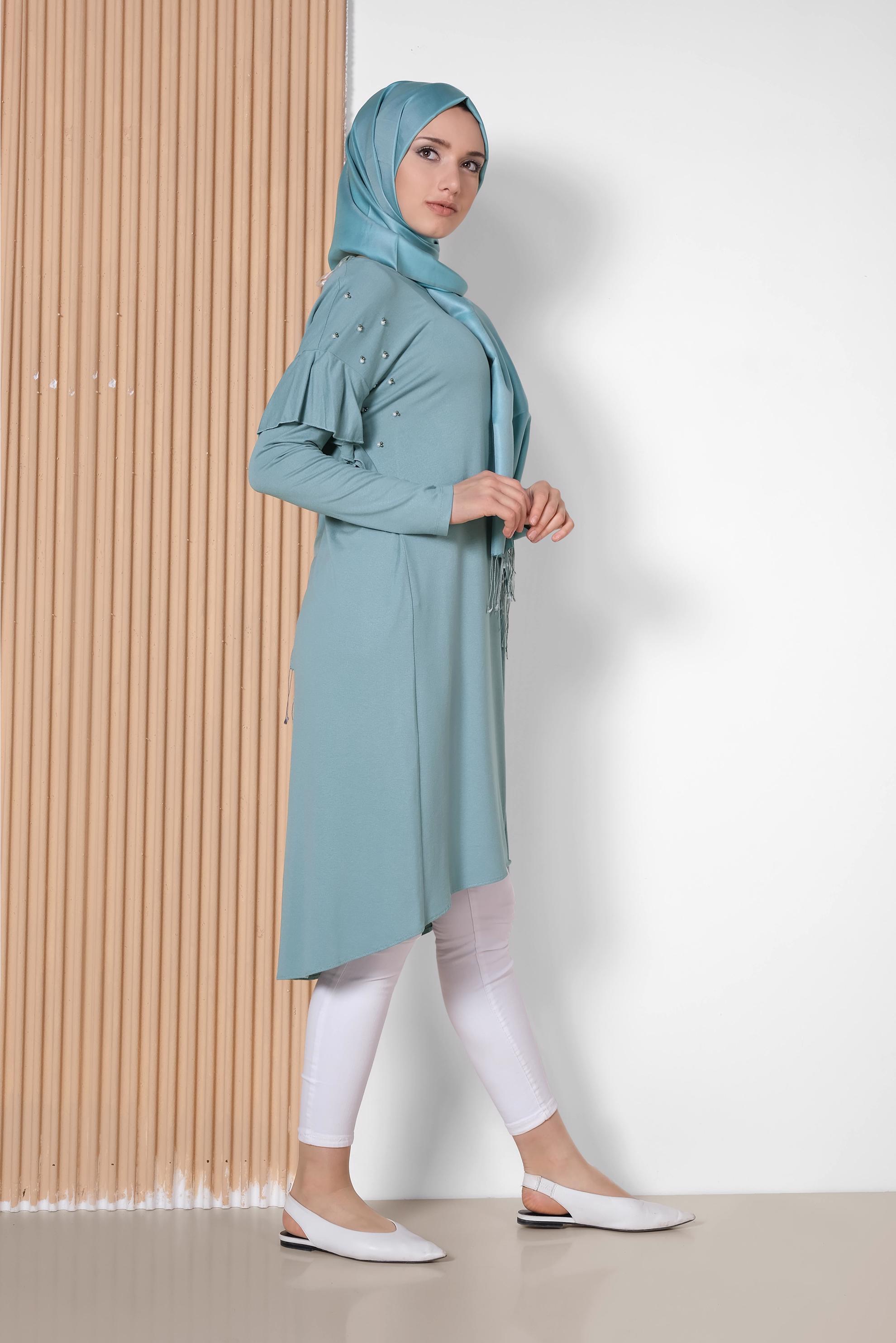Hijab clothing BLUE Pearl and Bead Embroidered Tunic 4345 