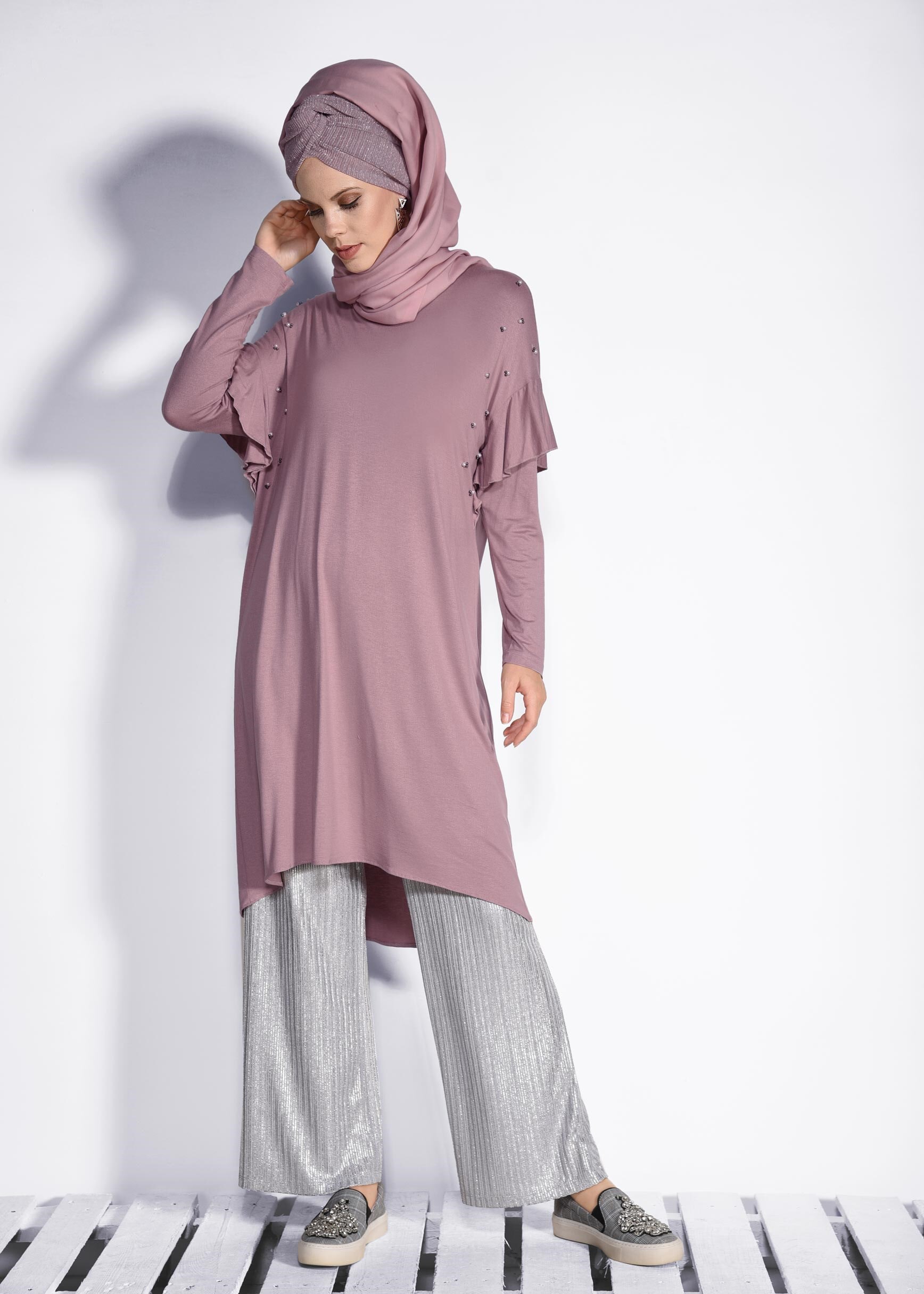 Tesettür giyim PEMBE İNCİ VE BONCUK İŞLEMELİ TUNİK 4345 