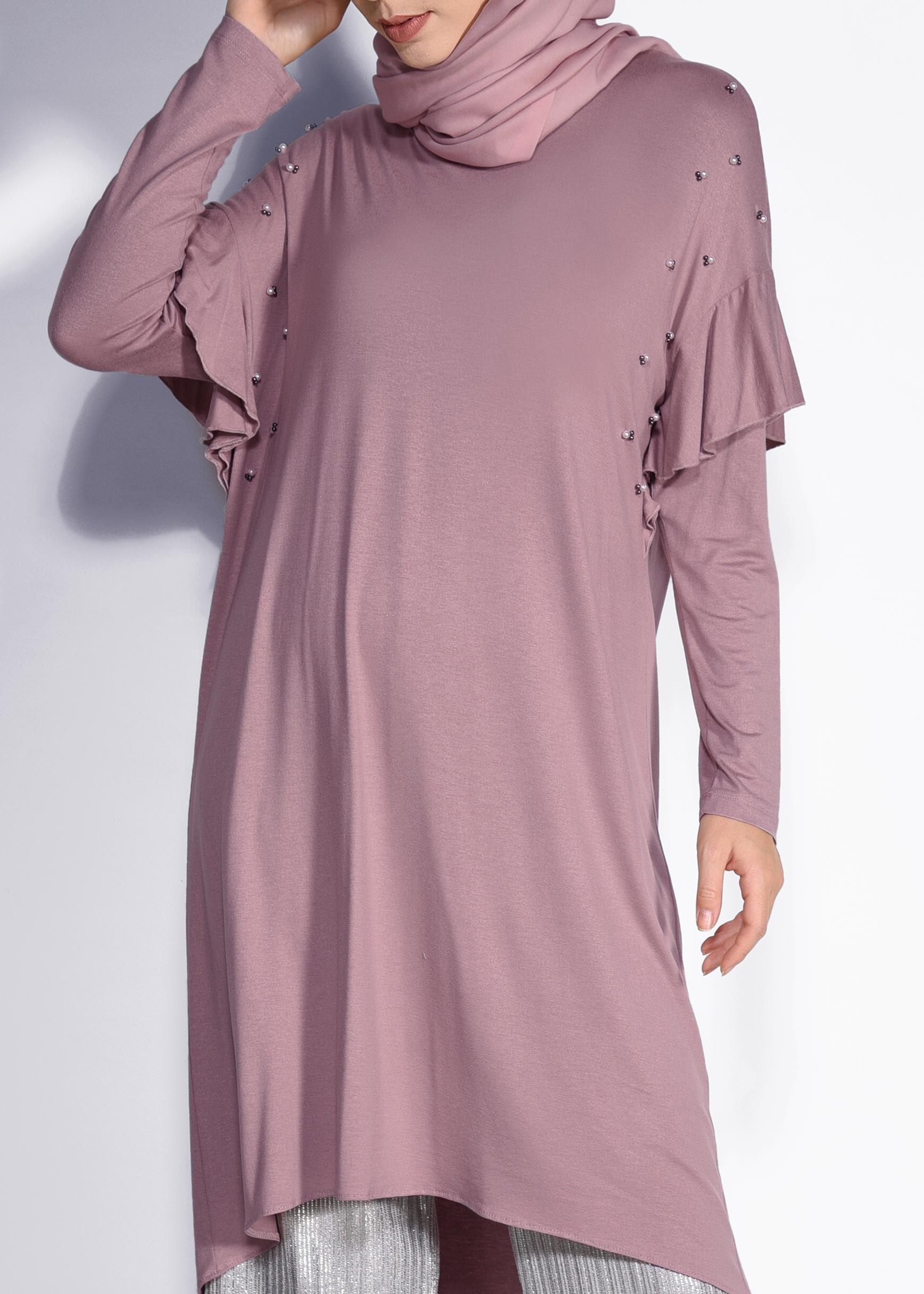 Tesettür giyim PEMBE İNCİ VE BONCUK İŞLEMELİ TUNİK 4345 