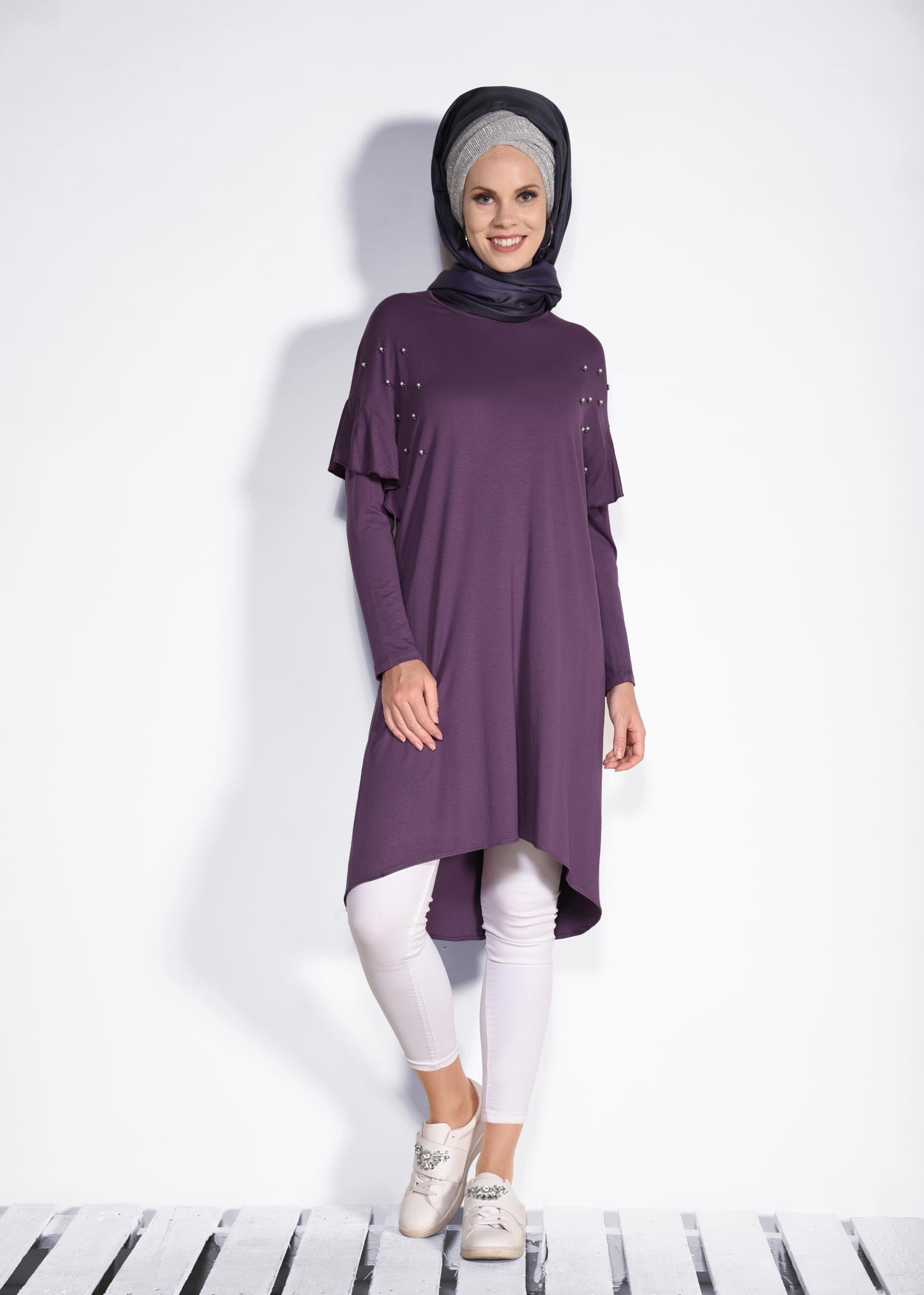 Tesettür giyim MOR İNCİ VE BONCUK İŞLEMELİ TUNİK 4345 