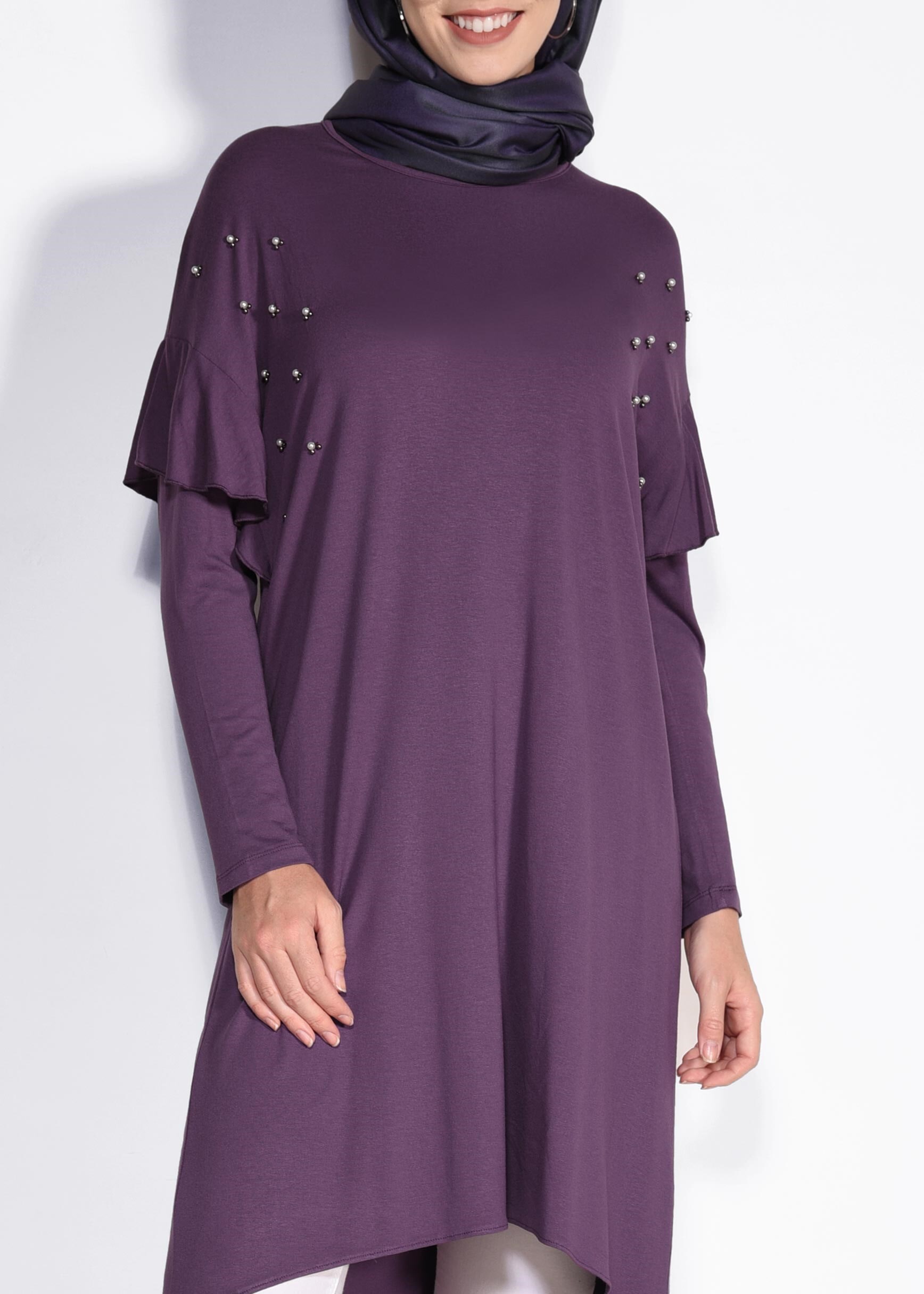 Tesettür giyim MOR İNCİ VE BONCUK İŞLEMELİ TUNİK 4345 