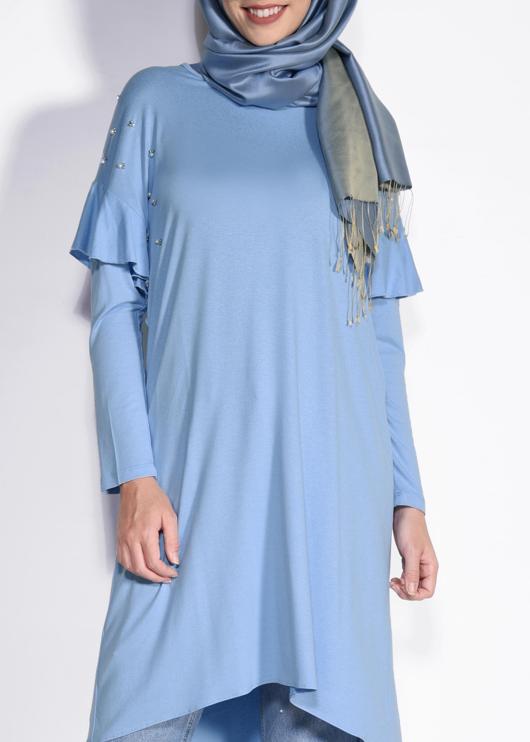 Tesettür giyim MAVİ İNCİ VE BONCUK İŞLEMELİ TUNİK 4345 