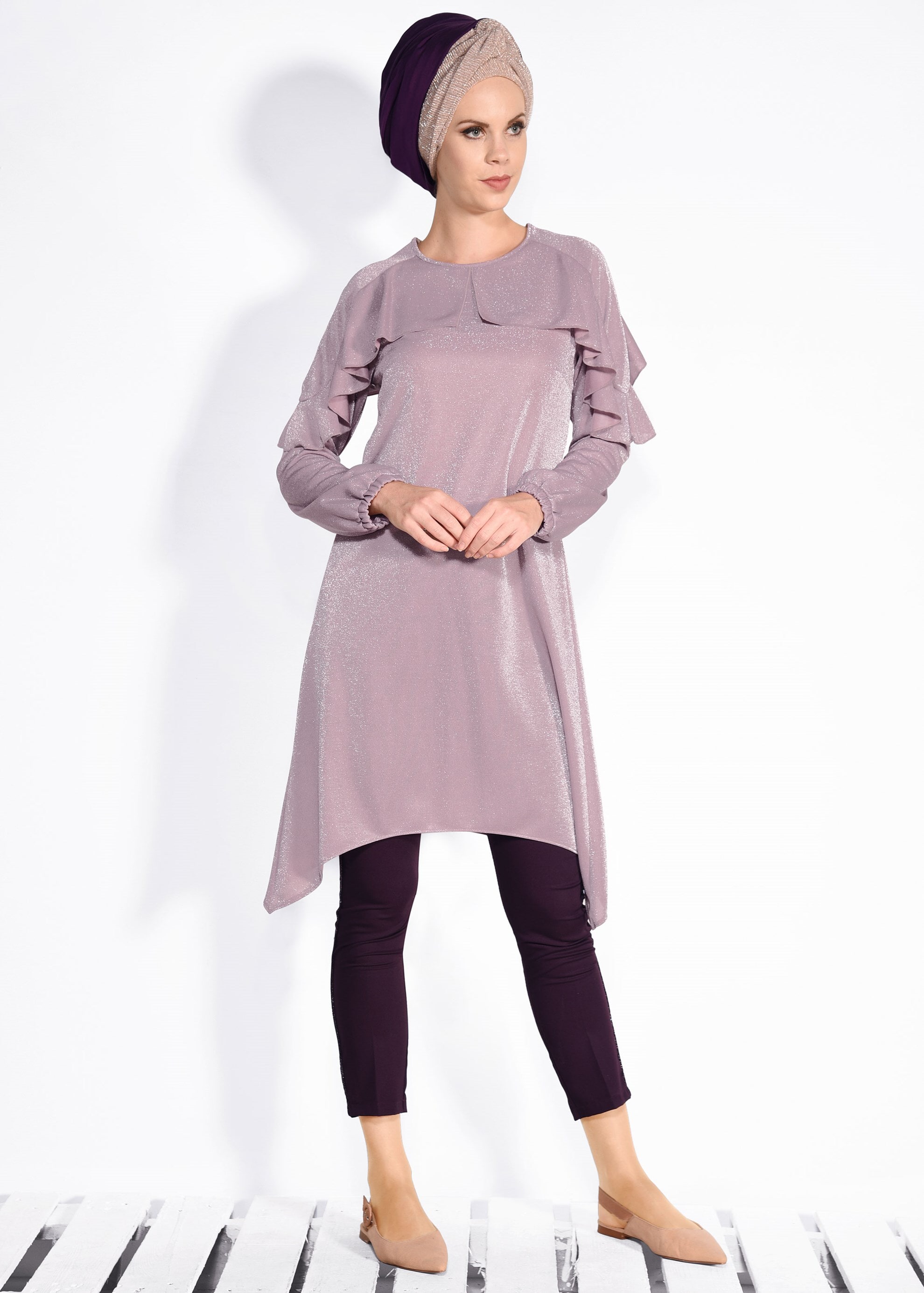 Tesettür giyim PUDRA FIRFIRLI SİMLİ TUNİK 4366
