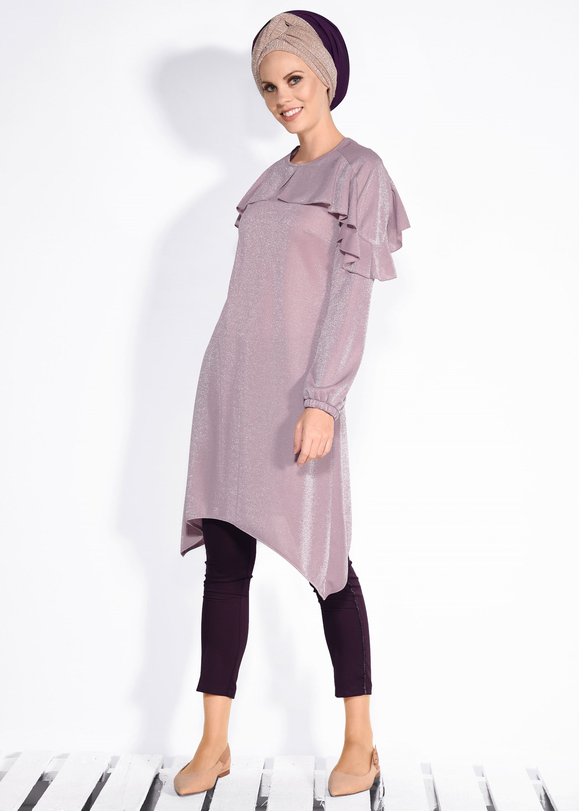 Tesettür giyim PUDRA FIRFIRLI SİMLİ TUNİK 4366