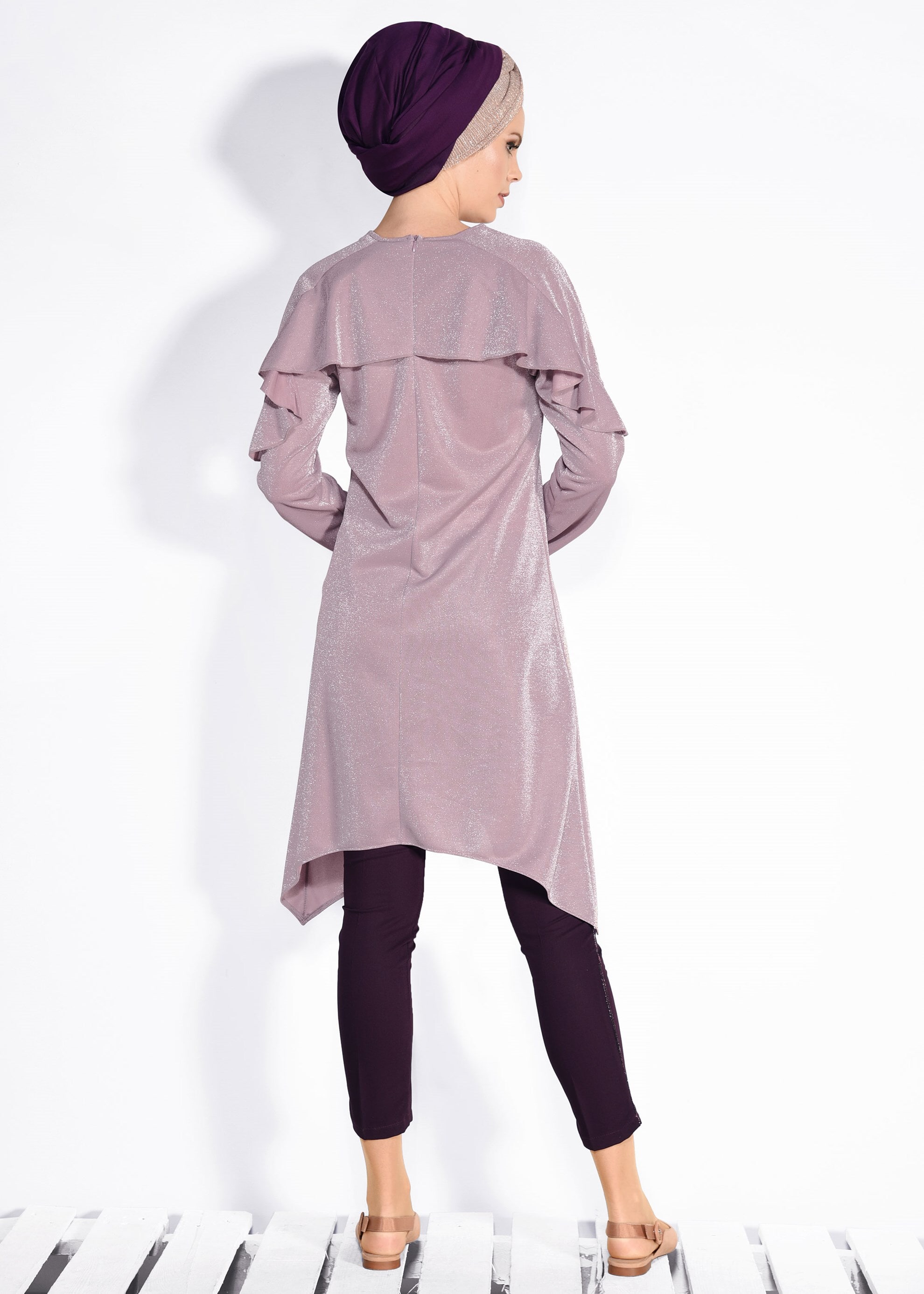 Tesettür giyim PUDRA FIRFIRLI SİMLİ TUNİK 4366