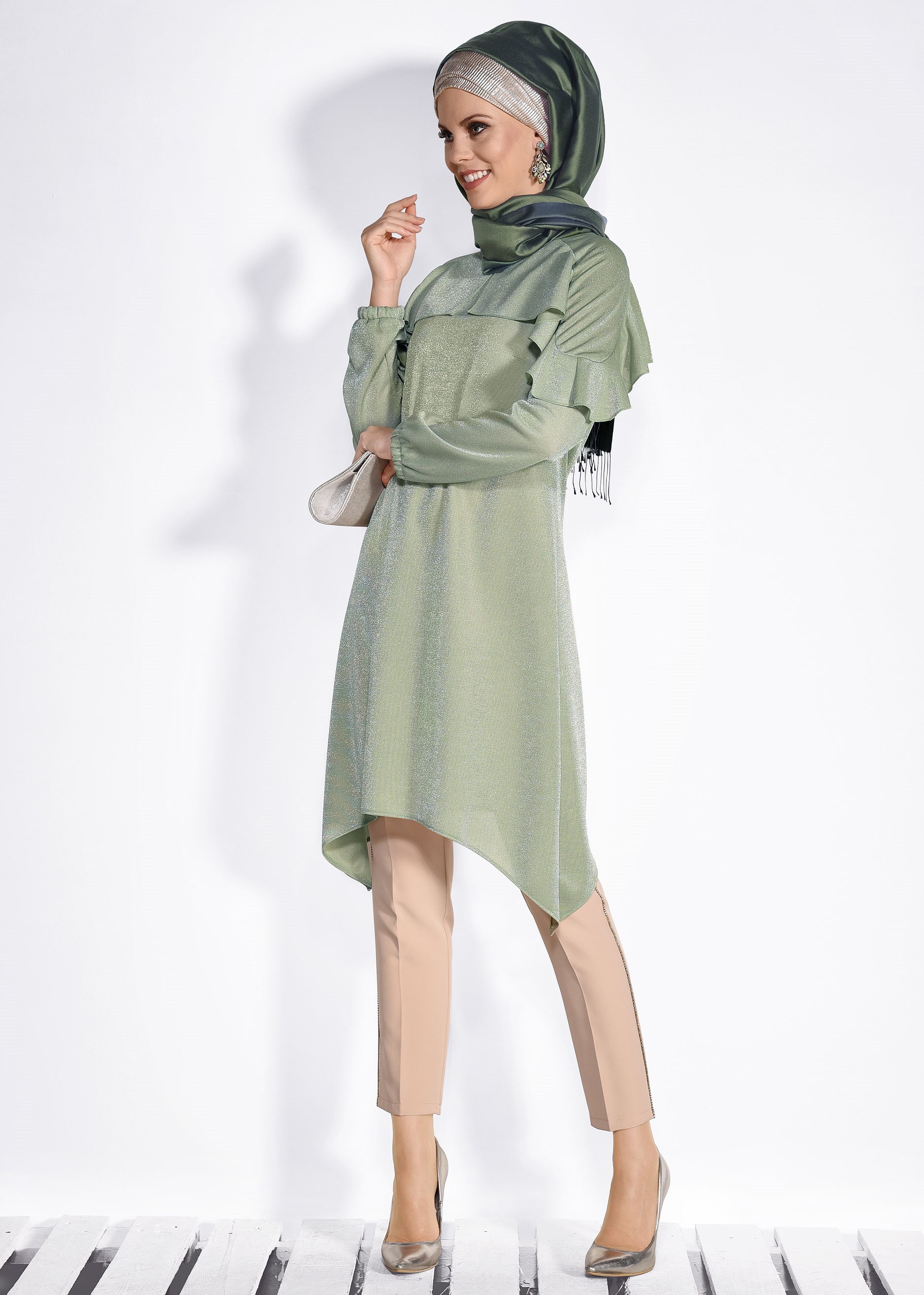 Tesettür giyim YEŞİL FIRFIRLI SİMLİ TUNİK 4366