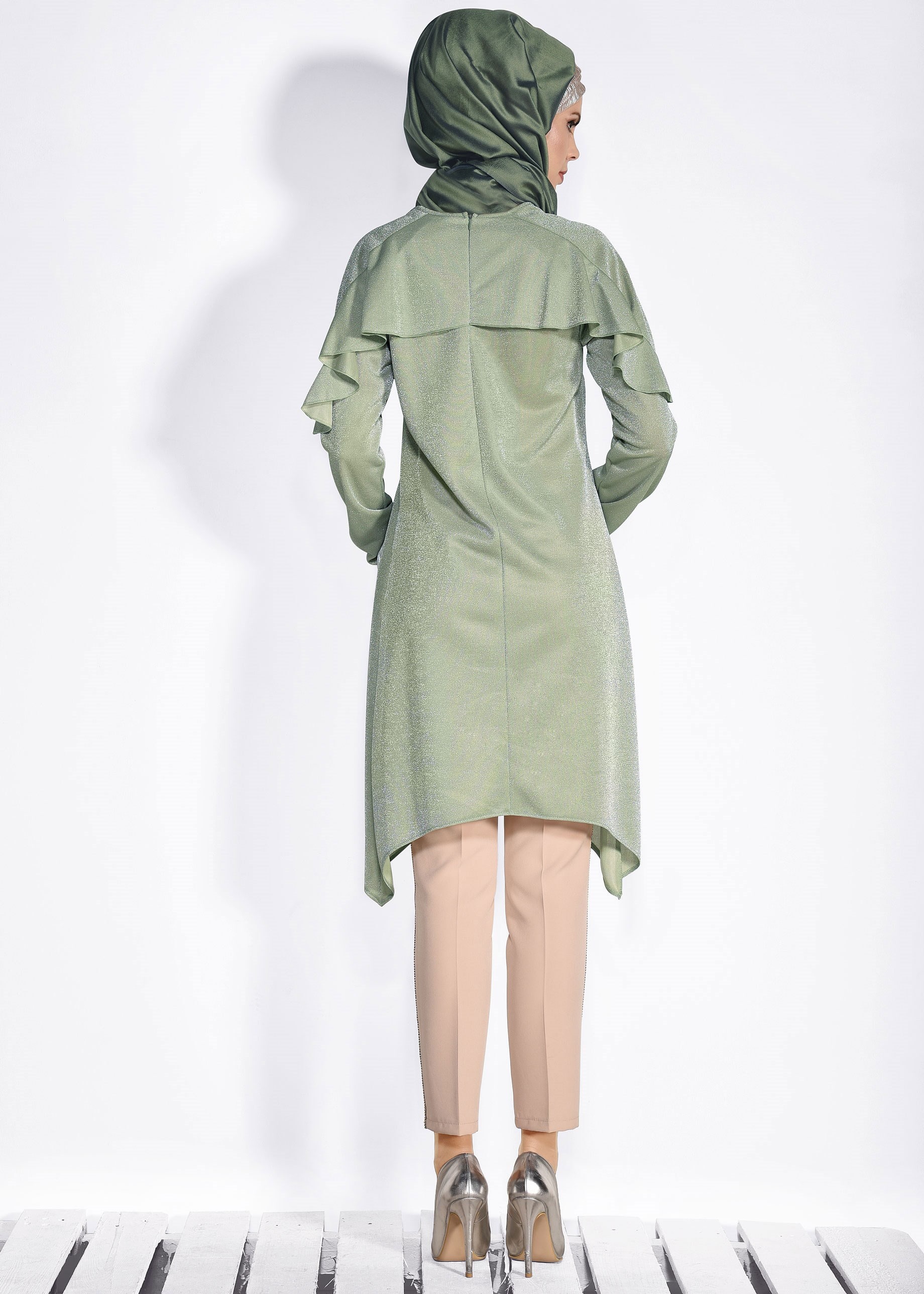 Tesettür giyim YEŞİL FIRFIRLI SİMLİ TUNİK 4366