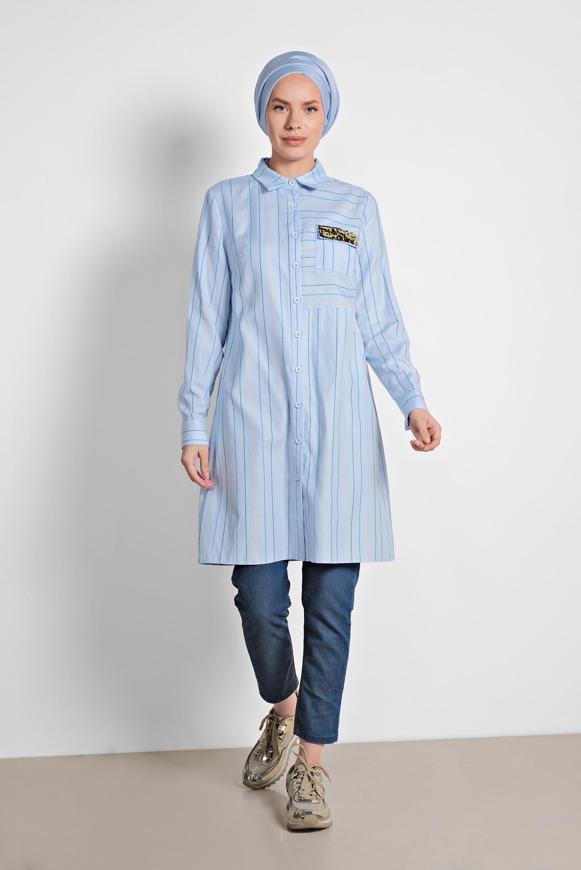 Tesettür giyim MAVİ ÇİZGİ DESENLİ PAMUKLU TUNİK 4376