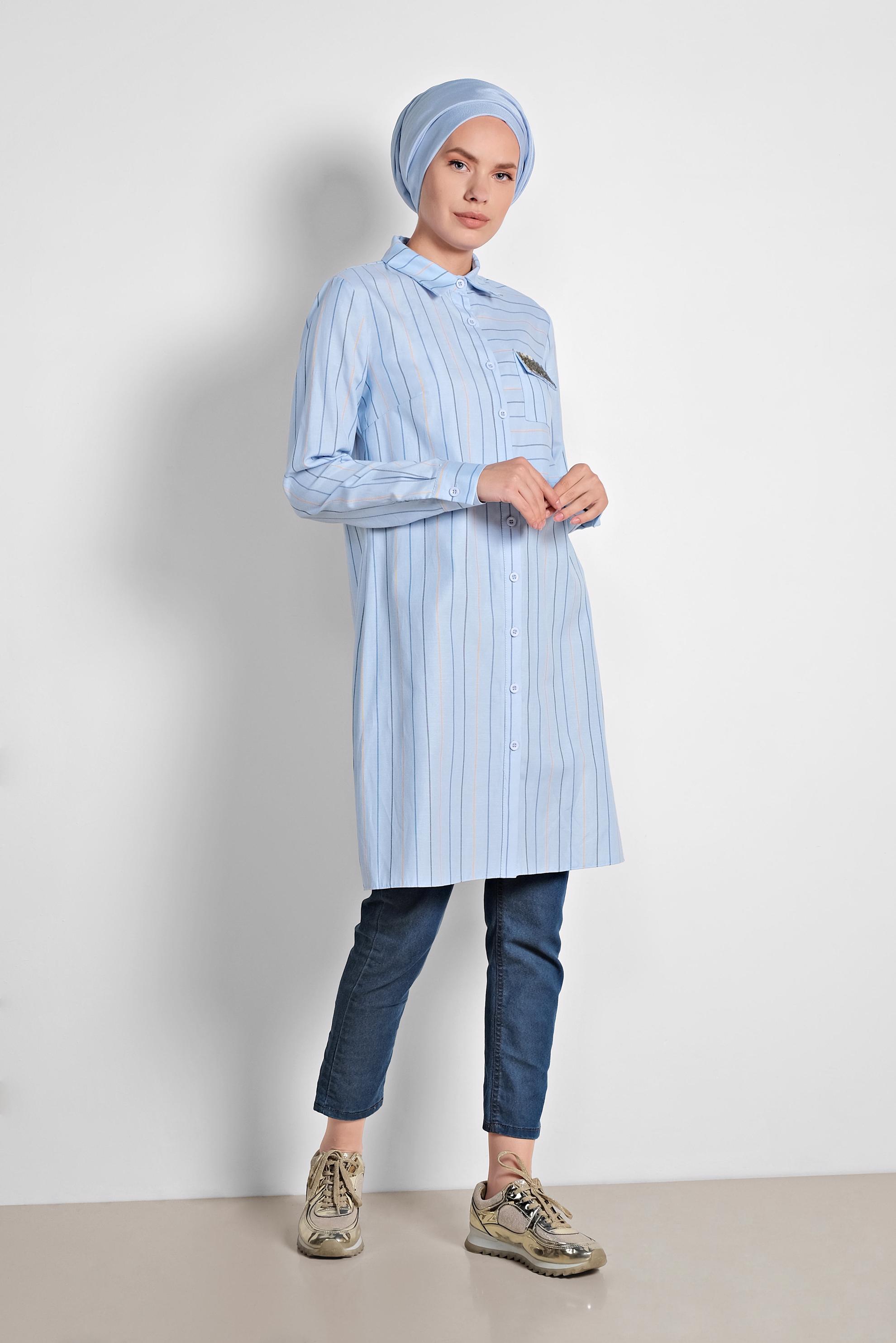 Tesettür giyim MAVİ ÇİZGİ DESENLİ PAMUKLU TUNİK 4376