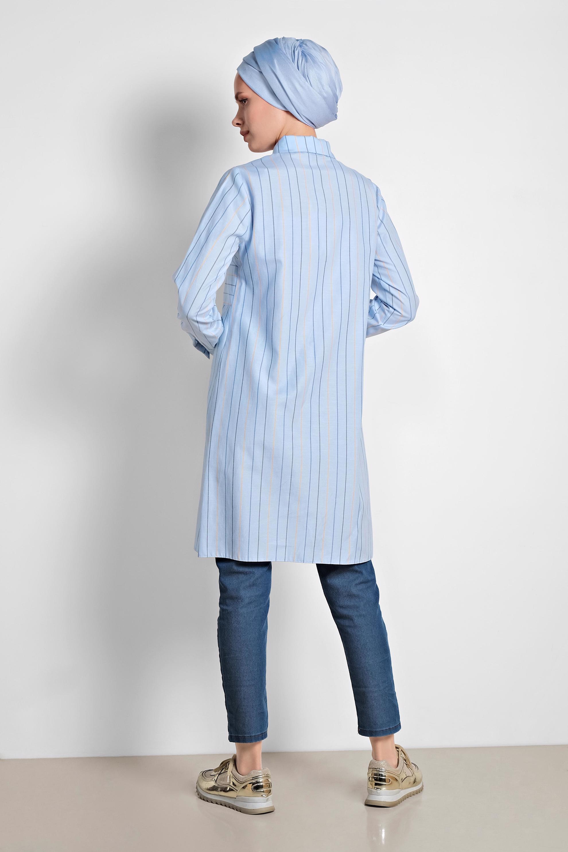 Tesettür giyim MAVİ ÇİZGİ DESENLİ PAMUKLU TUNİK 4376