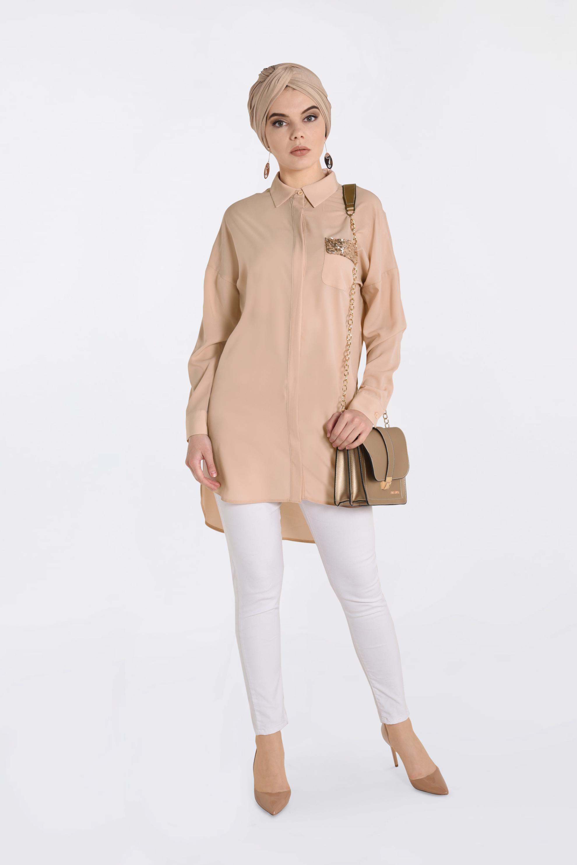 Tesettür giyim BEJ CEP DETAYI PULLU TUNİK 4382