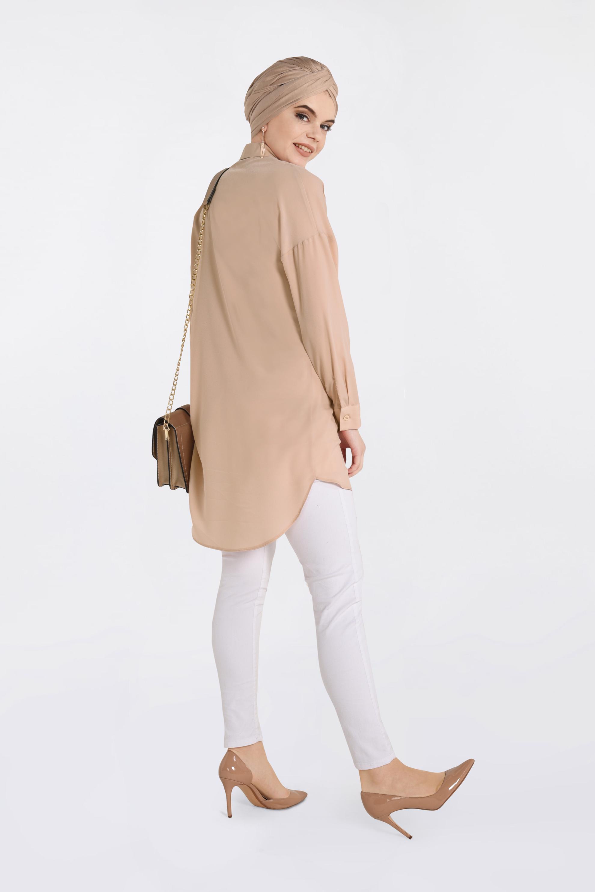 Tesettür giyim BEJ CEP DETAYI PULLU TUNİK 4382