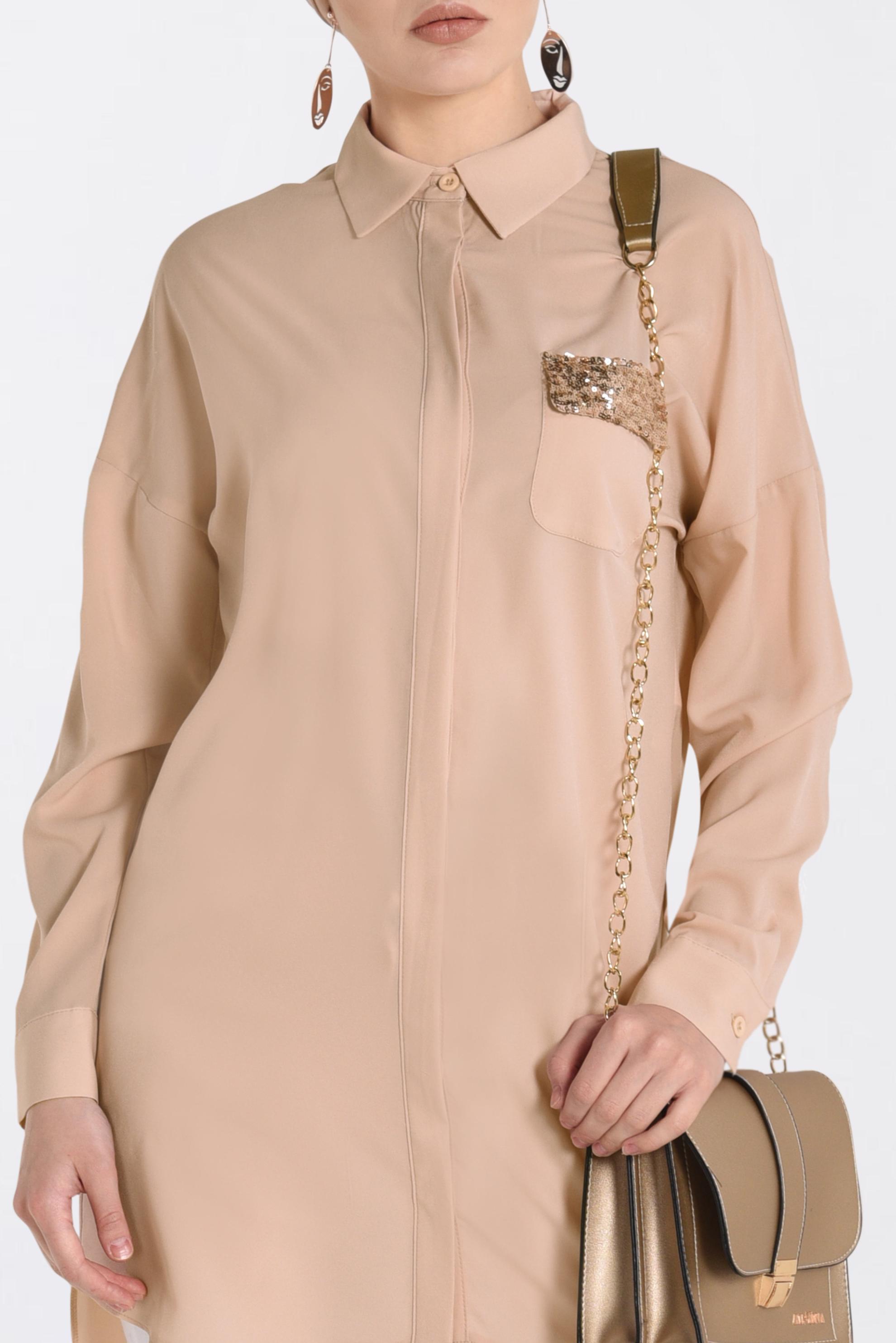 Tesettür giyim BEJ CEP DETAYI PULLU TUNİK 4382