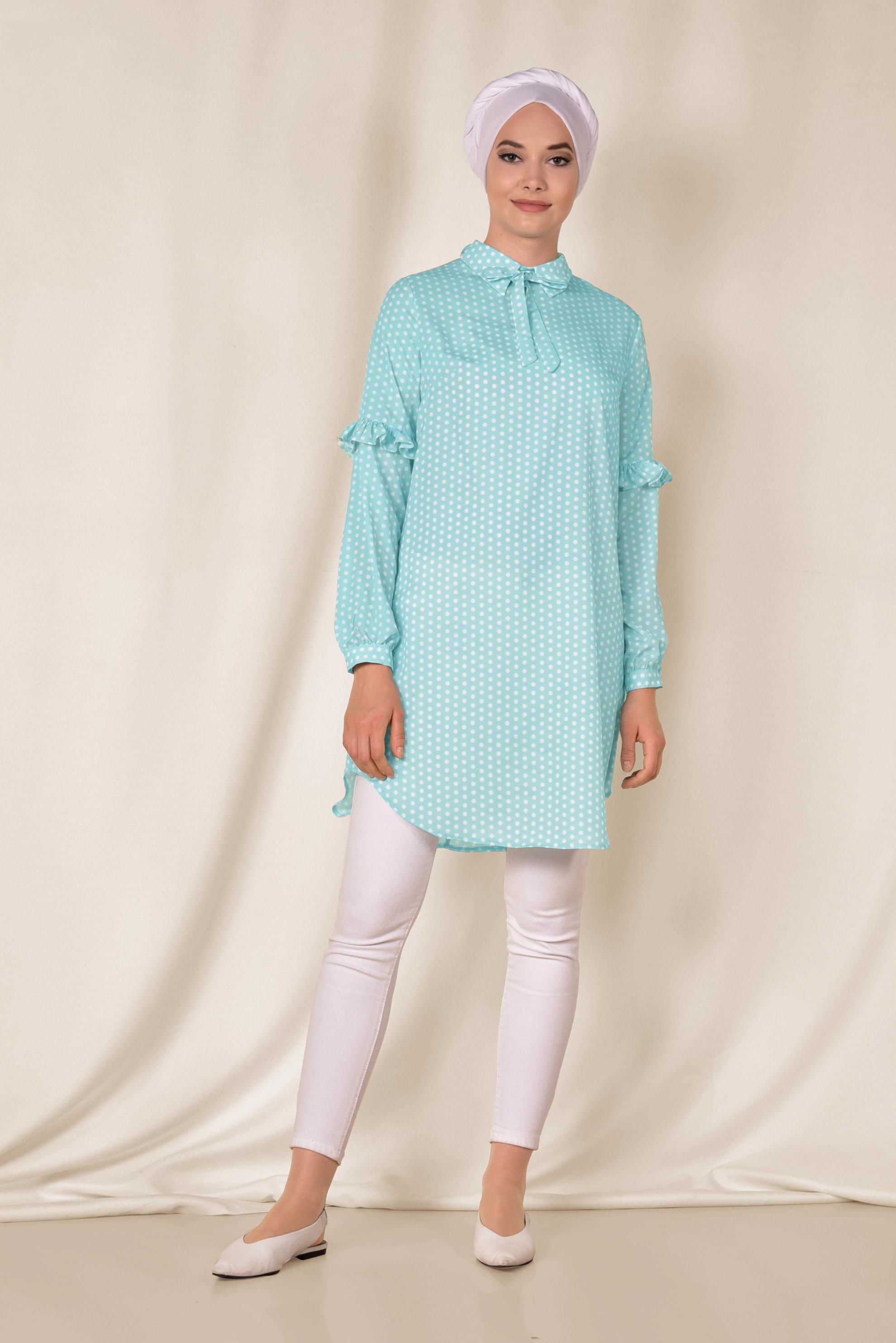 Tesettür giyim MAVİ PUANTİYE DESENLİ TUNİK 4387