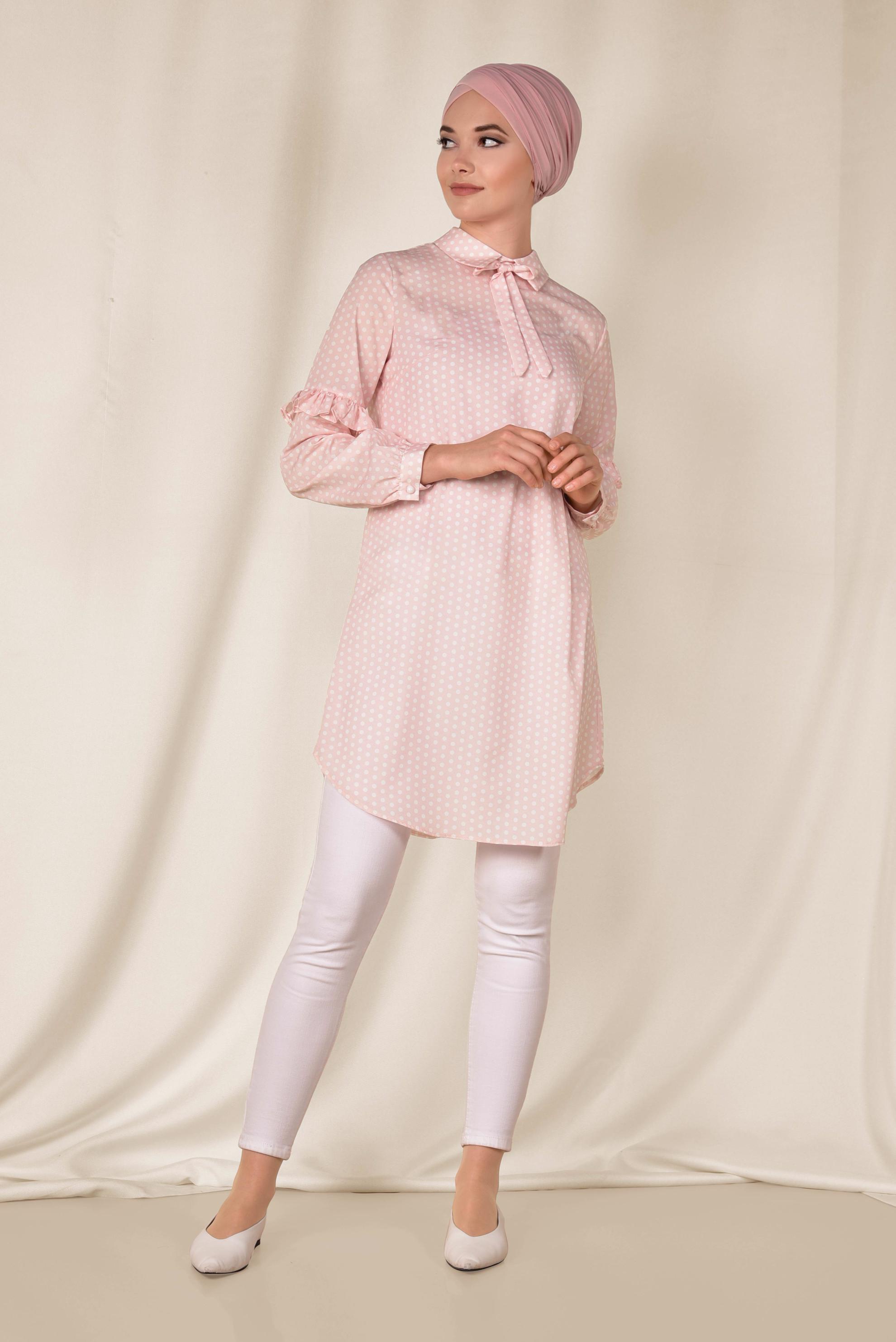Tesettür giyim PUDRA PUANTİYE DESENLİ TUNİK 4387