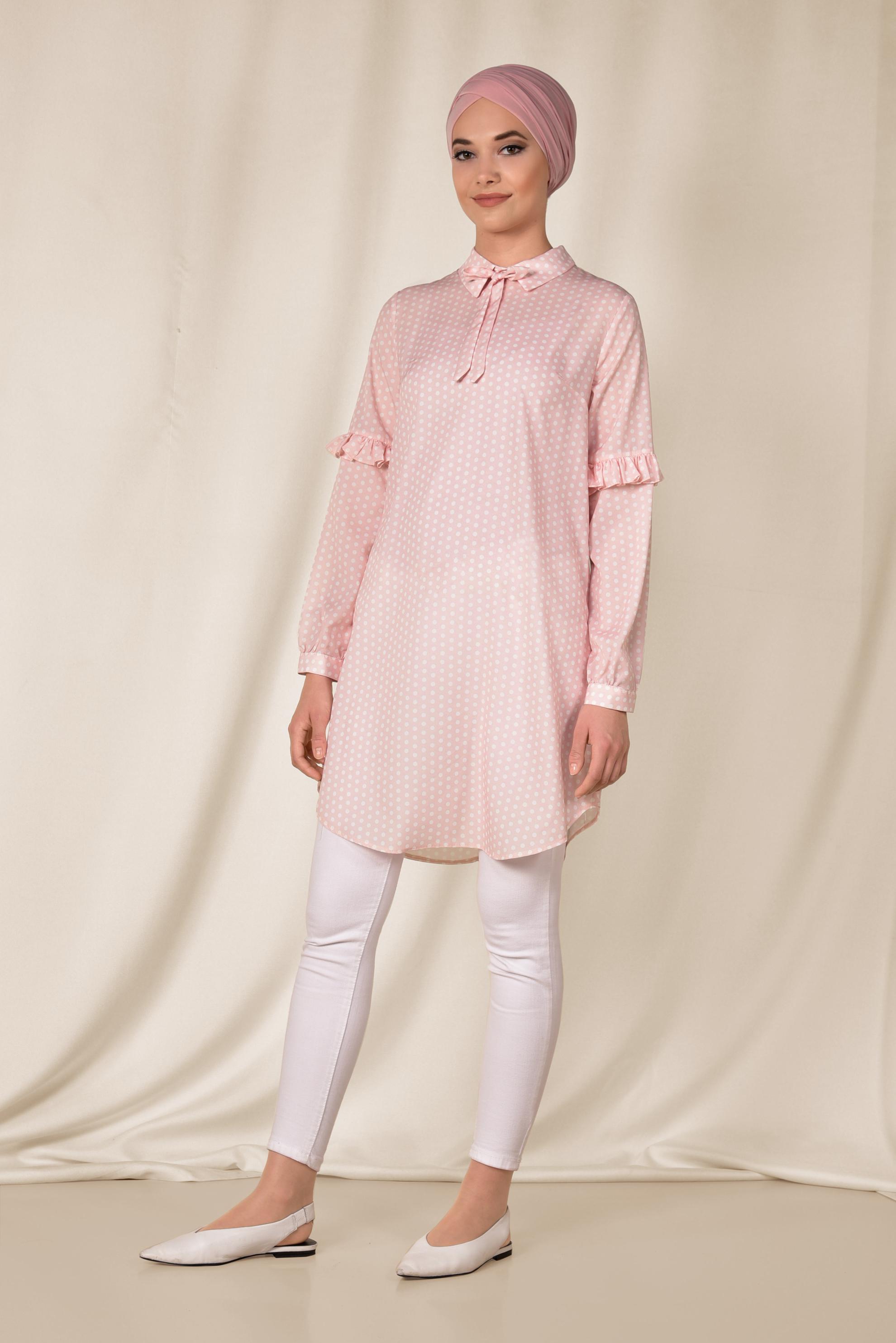 Tesettür giyim PUDRA PUANTİYE DESENLİ TUNİK 4387