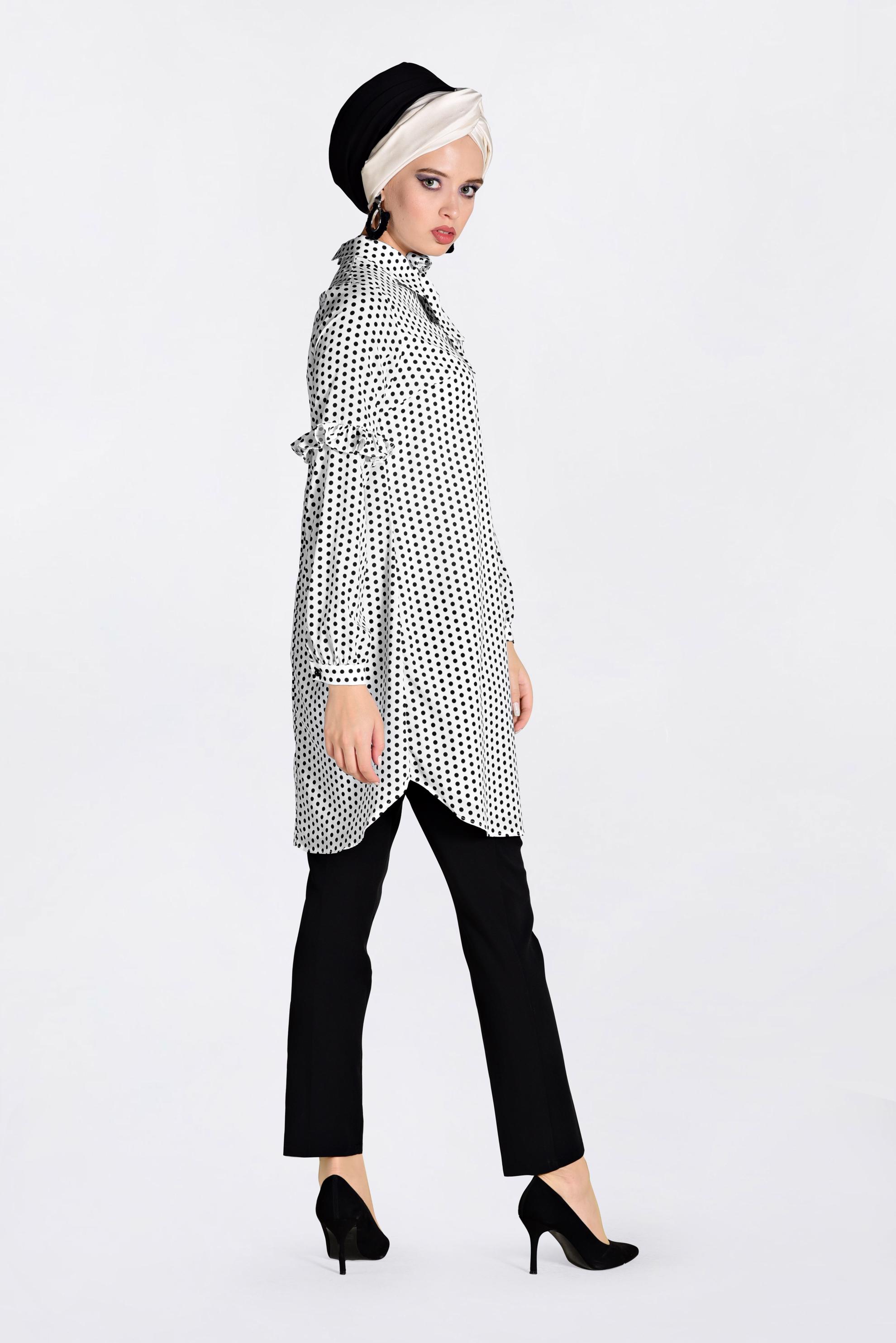 Tesettür giyim BEJ PUANTİYE DESENLİ TUNİK 4387