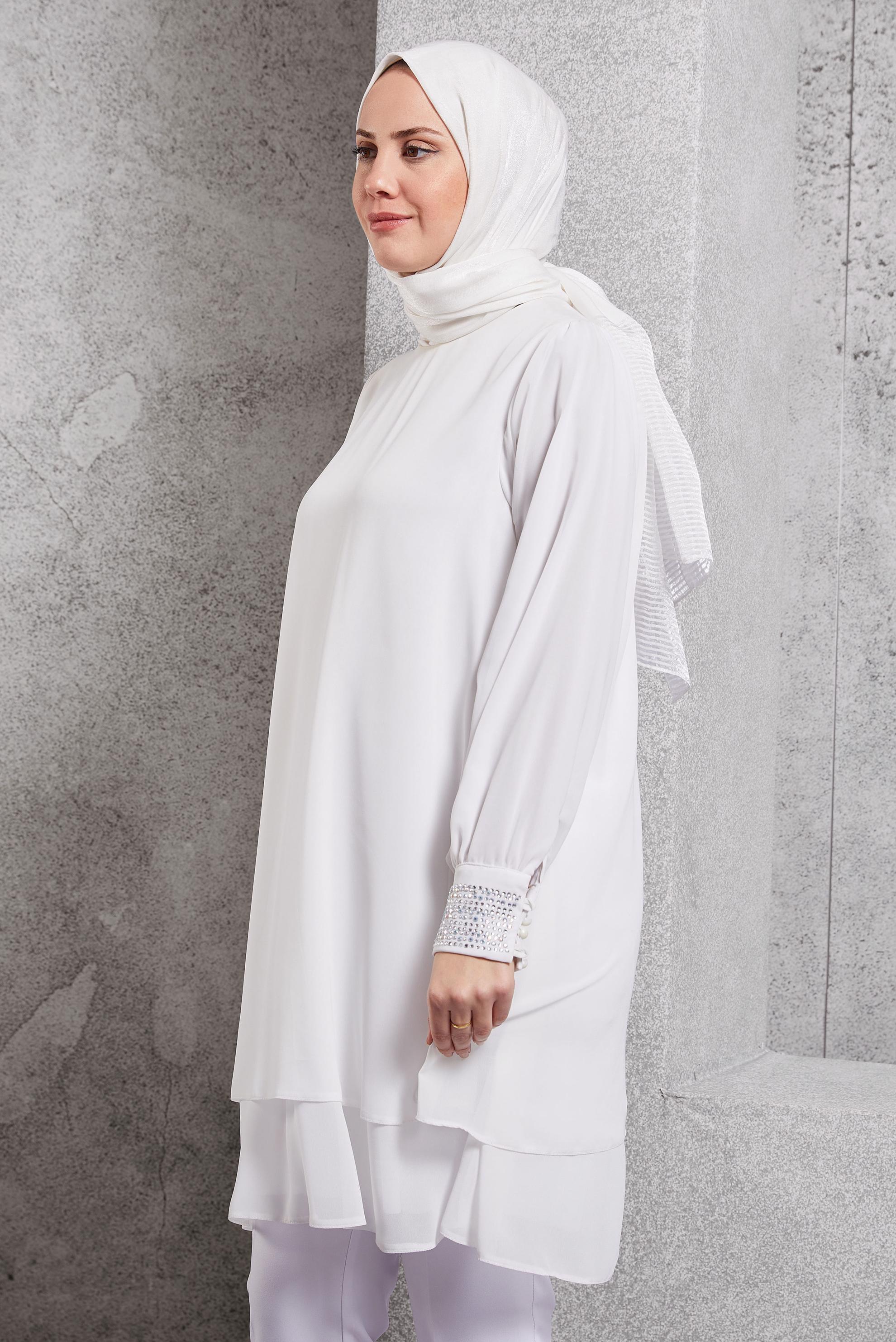 Tesettür giyim EKRU TAŞ DETAYLI ŞİFON TUNİK 4884