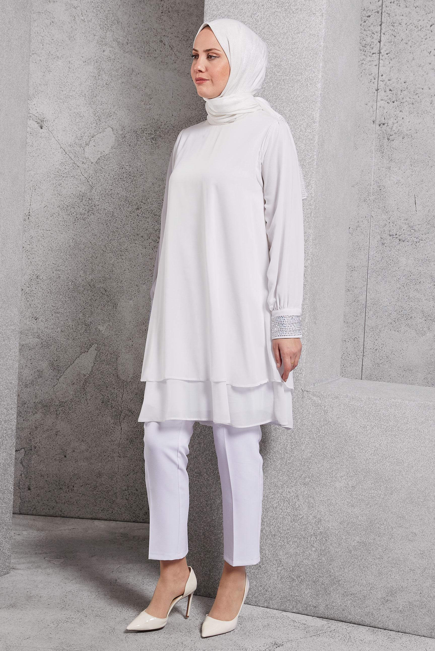 Tesettür giyim EKRU TAŞ DETAYLI ŞİFON TUNİK 4884