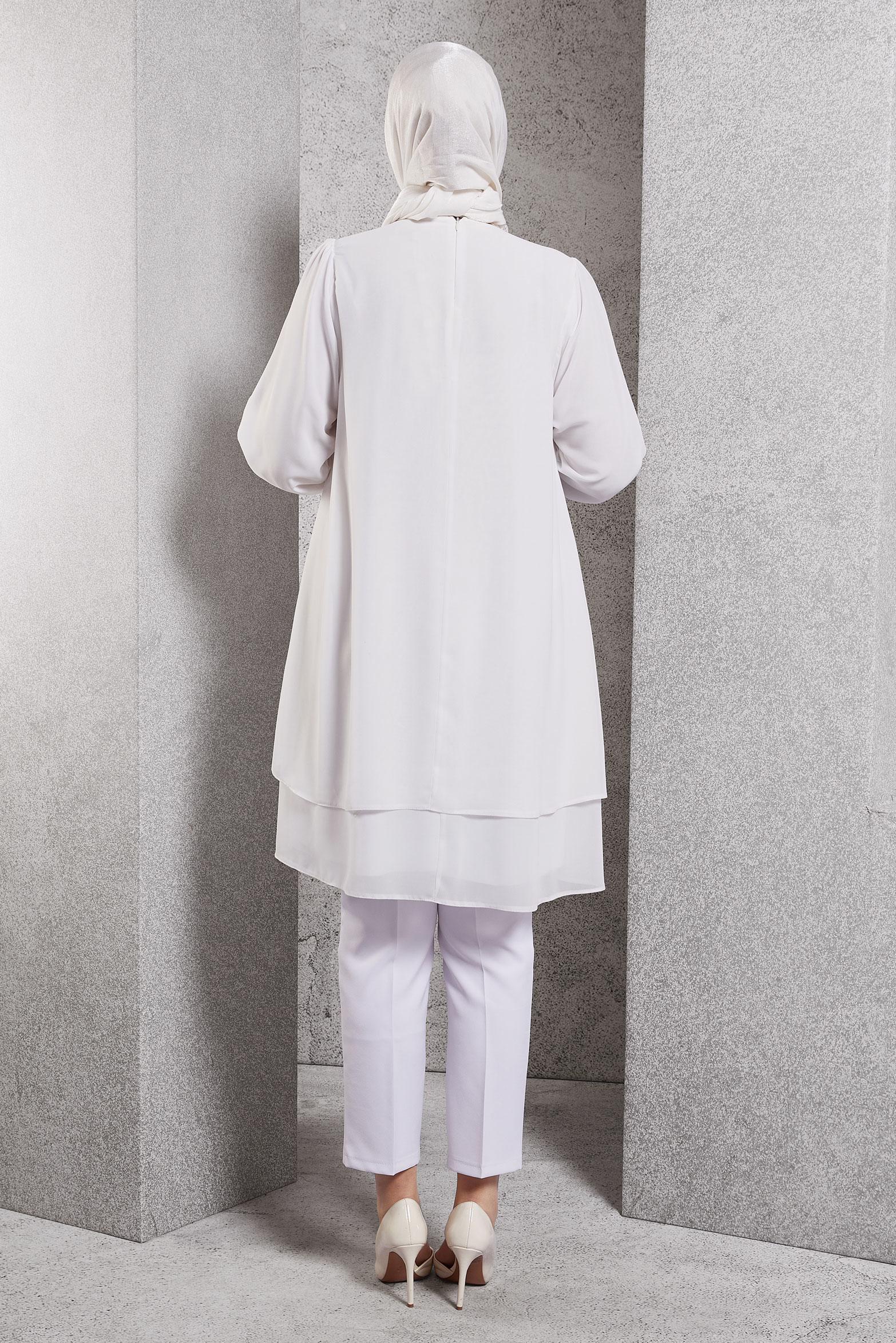 Tesettür giyim EKRU TAŞ DETAYLI ŞİFON TUNİK 4884