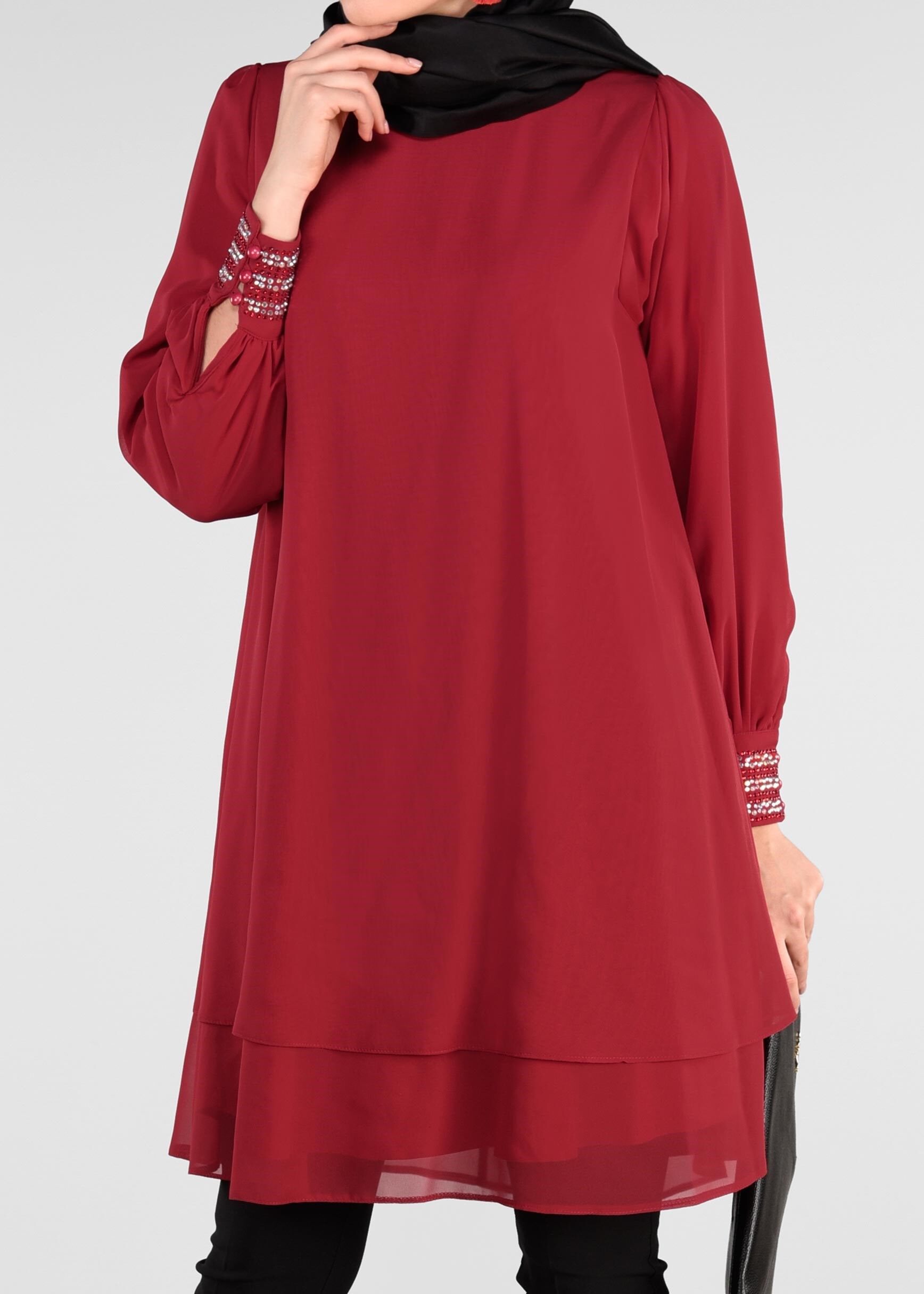 Tesettür giyim BORDO TAŞ DETAYLI ŞİFON TUNİK 4884