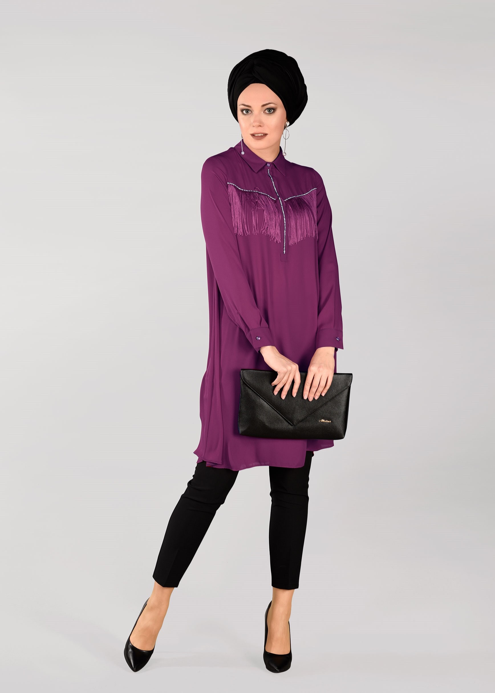 Tesettür giyim MOR PÜSKÜL DETAYLI TUNİK 4885
