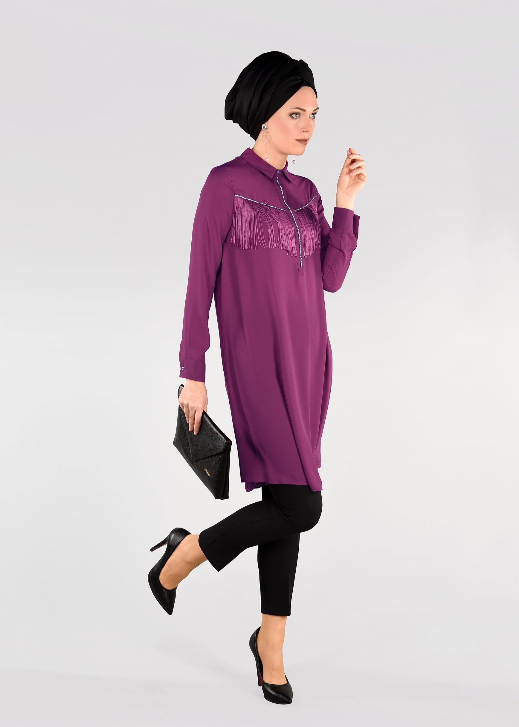 Tesettür giyim MOR PÜSKÜL DETAYLI TUNİK 4885